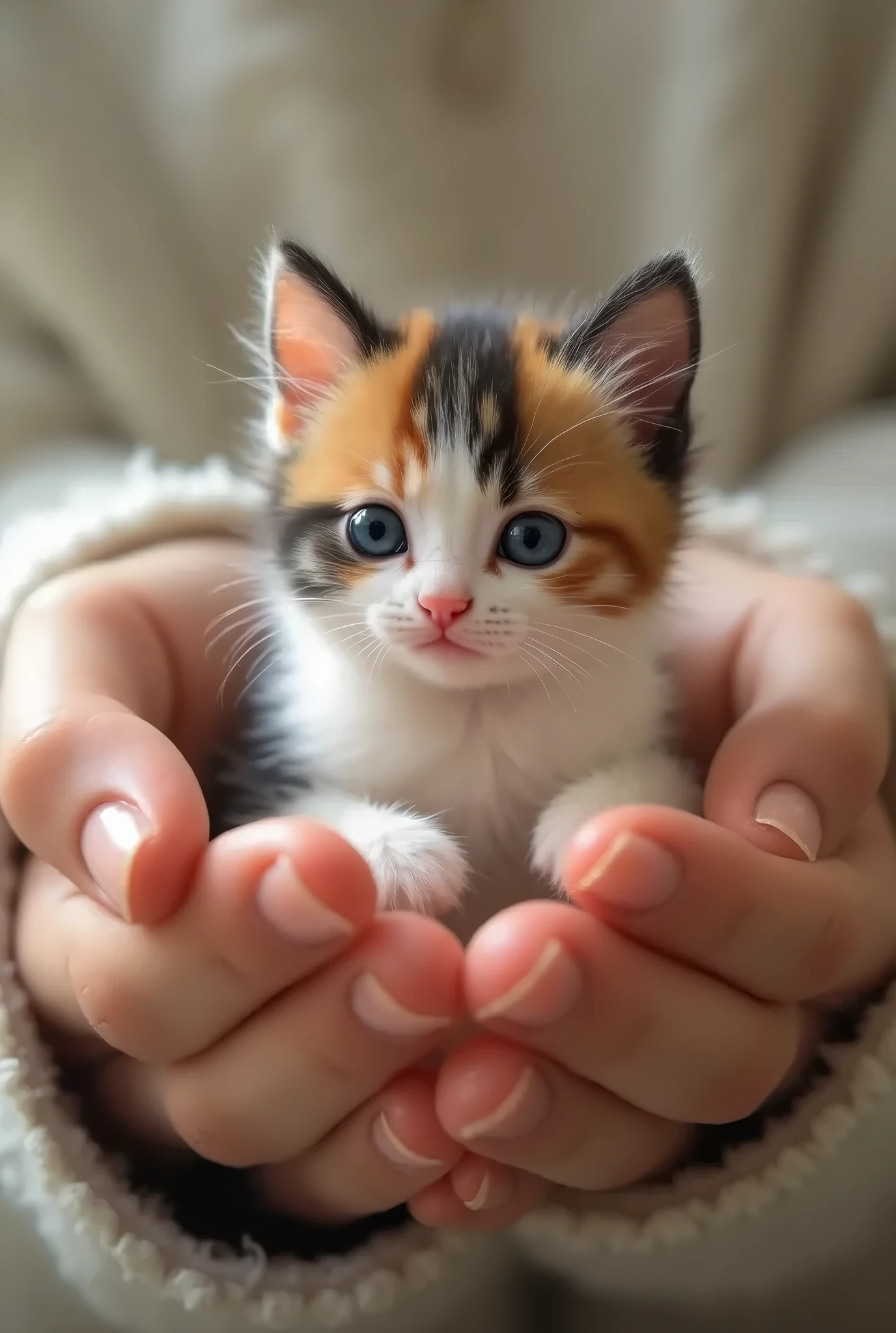 Calico kitten small enough to fit in the hand