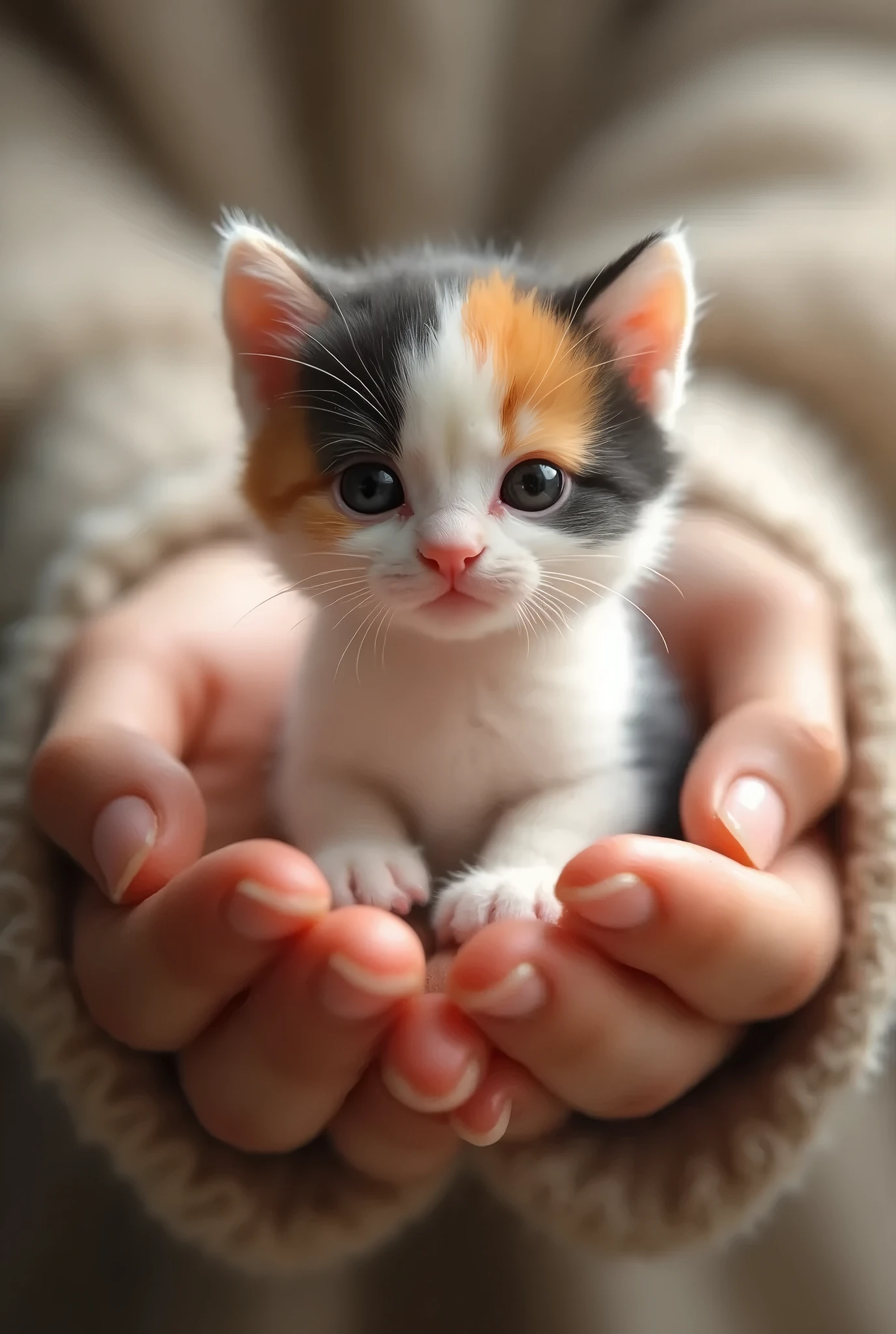 Calico kitten small enough to fit in the hand