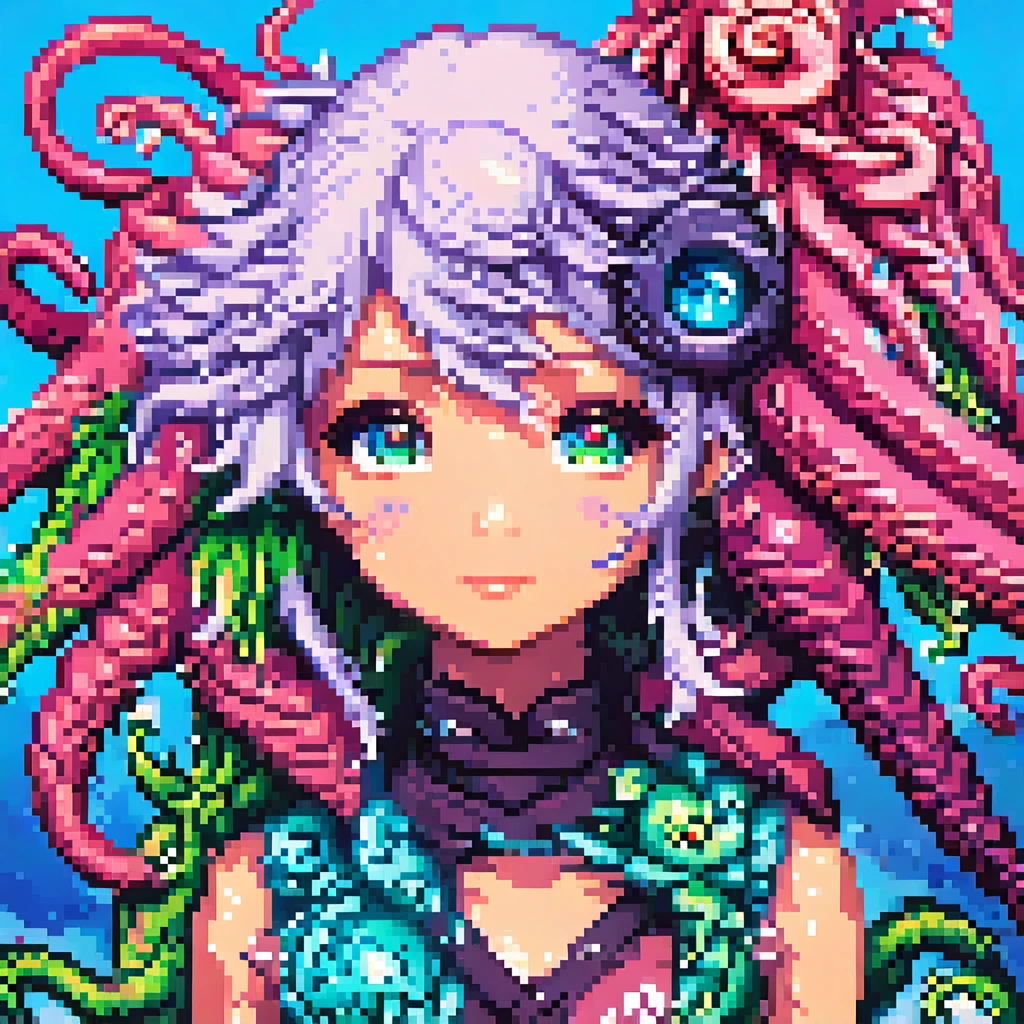 A detailed androgenous anime portrait done in kawaii final fantasy style, bright rainbow eyes and cephalopod tentacles, done in high resolution pixel art