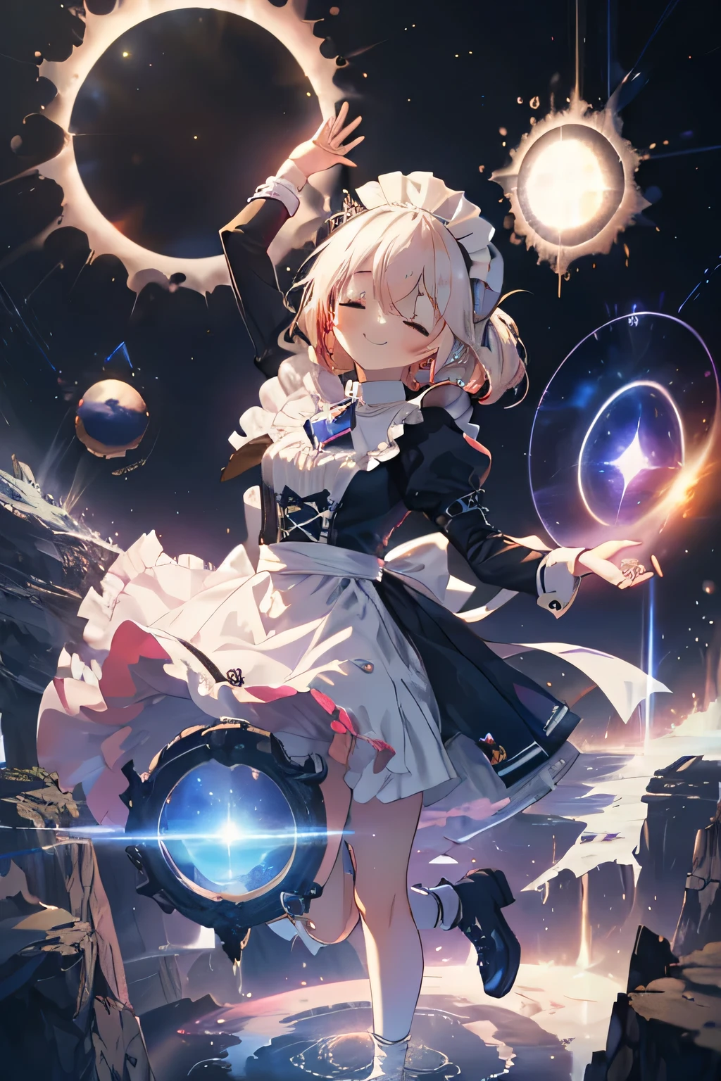  maid with a 's headdress smiling and closing her eyes, falling backwards on an unknown bottomless precipice(8 dimensions ), ( with a portal in the sky ),Cosmic Essence ,  the Sun is very radiant and with a strong breeze, The hands are almost hologram ,  the girl appears as a hologram , complete anatomy