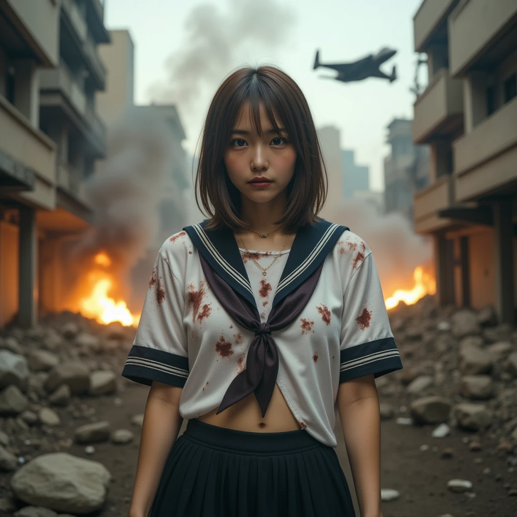  Documentary Photo , Front View, Realistic,  best quality , Perfect composition, Proper placement,  night lighting:1.331, Above the knee shot,  Japanese Woman Standing :1.331,  supermodel ,  Attacked by an enemy fighter from above, Realistic Fighter Planes,  Tokyo in Conflict ,  Where Damage Occurred ,  Exploration Light Shines on Her :1.21,   Anatomically Correct Proportions:1.331,  small head :1.331, Slender body:1.331,  Thin Waist:1.331, Thin limbs:1.331,  flat chest:1.331, Cute face,  BOB CUT HAIR:1.331,  hang your bangs long ,Expression of anxiety ,  Japanese High School Summer Sailor Suit :1.21, sera fuku:1.21, (Realistic photograph), (Torn, dirty and tattered セーラー服:1.2), Disheveled clothing, Torn cloth, ( Clothes Stained with Blood and Mud :1.2),  Pleated Mini Skirt, (Torn Skirt:1.2), Dirty Hair, Dirty Face, (( Skin Stained with Blood and Stains :1.2), Apocalyptic, explosion, Surrounded by rubble , Collapse of buildings,  The Collapse of Pillpack , Smoke drifts, Spillover, Floating steam, Burning Flames,  Amazingly Beautiful Face , A stealth bomber that flies very far,  Dynamic Angle,  Emotional and Dynamic Lighting , 