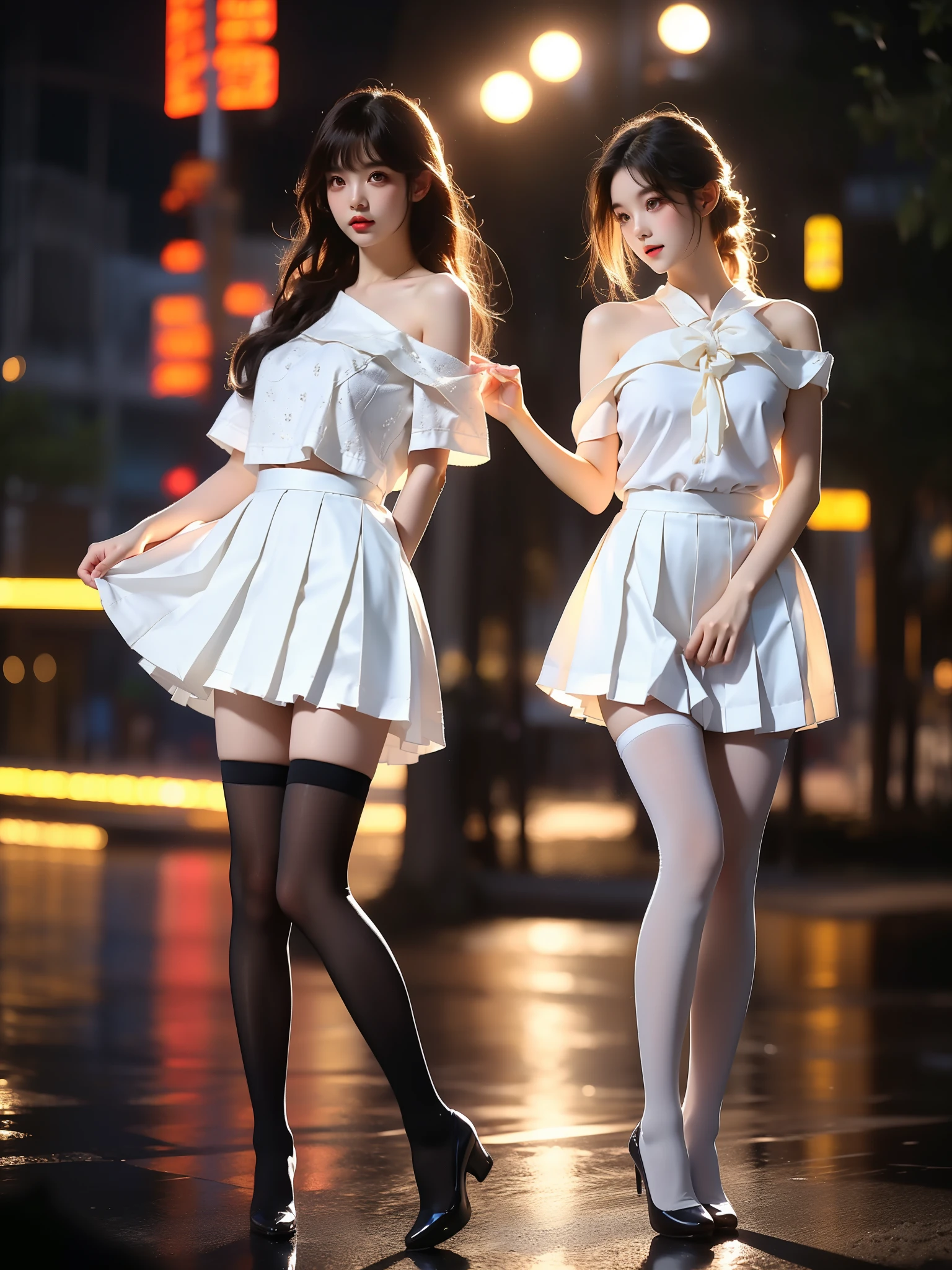 kitauji high school uniform, ,((full body)), ((single bare shoulder)), (Asian beauty: 1.3), girl, solo, ((outfit with lace-trimmed black thigh-high stockings, )), ((Pleated skirts, short skirts, , very short hemline)), (toned body: 1.2), (naturally large breasts: 1.1), (visible cleavage: 0.8), (smooth flawless skin: 1.2), (perfect anatomical proportions: 1.3), (anatomically correct legs: 1.3), (elegantly long legs: 1.3), 1.1) Hands gently lift the skirt, (detailed features: 1.2), (big bright eyes: 1.1), (long eyelashes: 1.1), charming smile, gentle and confident expression, Head slightly tilted, long flowing hair, (night scene: 1.1), (starry sky: 1.0), (space background: 0.9), (professional soft light: 1.2), (warm tone: 1.1), (Masterpiece: 1.4), (Super Detail: 1.3), (Sharp focus: 1.2), (Realistic: 1.2), (Hi-Fi: 1.1)