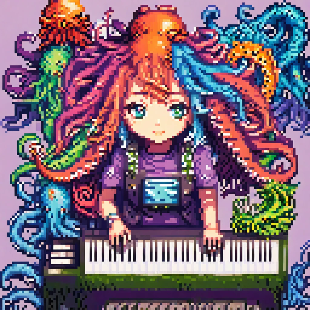 A detailed androgenous anime portrait done in kawaii final fantasy style, bright rainbow eyes and cephalopod tentacles, playing a keyboard, done in high resolution pixel art