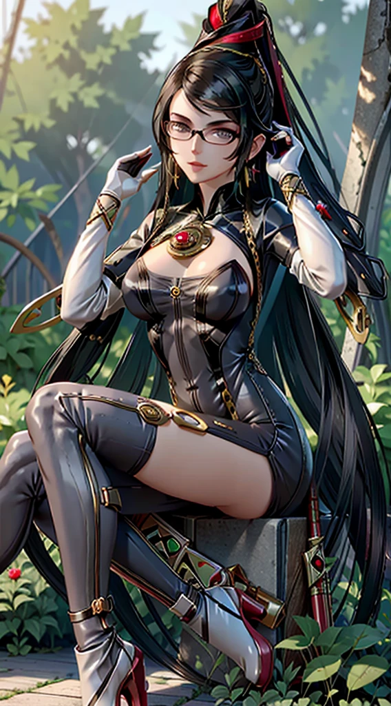 (masterpiece, best quality)
Bayonetta, 1girl, solo, long hair, looking at viewer, smile, gloves, natural breast, (covered nipples), , open chest, ribbon, jewelry, sitting, very long hair, hair ribbon, weapon, earrings, boots, glasses, black hair, high heels, lips, bodysuit, makeup, back, sunglasses, lipstick