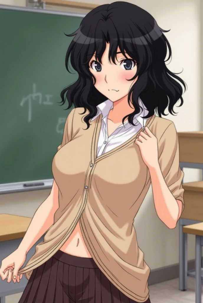 Kaoru Tanamachi(1:2),  super detailed face,  pay attention to the details with the hem of the clothes,  anatomically correct body ( beige knitwear style uniform:1.3), (Dark Brown Skirt:1.1), Provoke by showing your stomach(1:6), Lift the hem of the uniform (1:5), classroom, NSFW