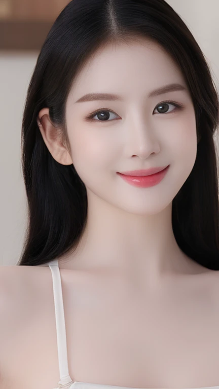 (Realistic、masterpiece、best quality、8K、high resolution、high resolution:1.3)、there are one woman on posing for a picture,、smile, red lips, Gigantic breasts、white bikini、pale white skin、looking at viewers、supene face and eyes、long hair、indoor、 upper body、