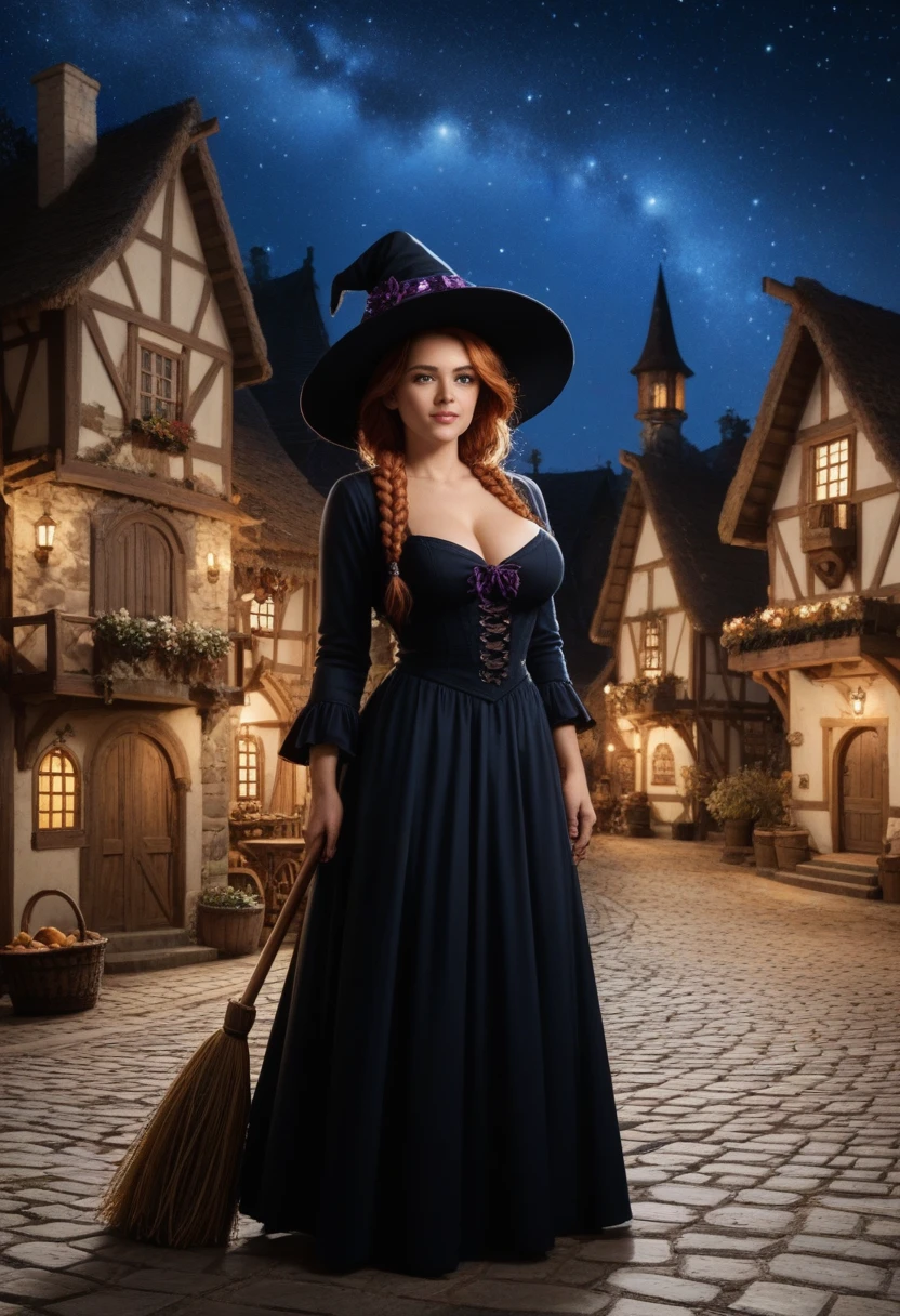 source_photo, score_9, score_8_up, score_7_up, realistic, 1girl, solo, a woman traversing a medieval town at night, witch. (side view), a beautiful, redhead with (large bosoms), tanned skin, braided hair, deep cleavage, sideboob, slim waist, wide hips, thick thighs, (round butt), she is wearing a witch's hat and a costume, gown, wizard's robe, holding a broom in hand and basket in another, focus on the witch, cowboy shot, walking inside a village at night, starry sky, spooky, Highly realistic photograph depicting a medieval village at a moonlit night, Chiaroscuro Lighting Style, ExpressiveH, zPDXLrl