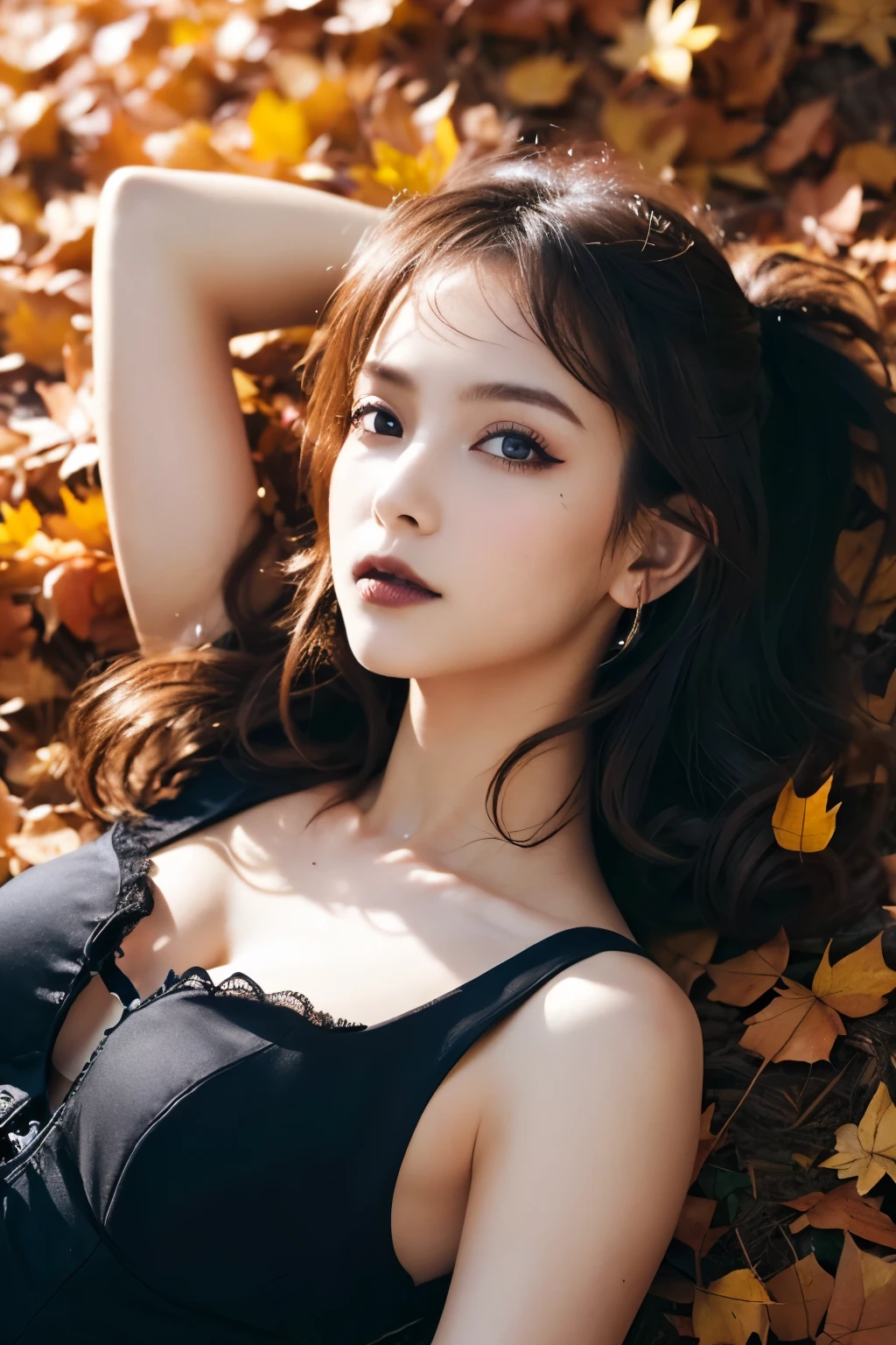  1 girl, ( She's wearing a gothic black dress :1.2), (Gothic Makeup),  A very beautiful portrait of a Japanese singer , (RAW Photo Best Quality), (Realistic, Realistic:1.4), (masterpiece), 
 very detailed , 2k wallpaper, wonderful, finely,  very detailed ,  CG Unity 8k Wallpaper ,  very detailed ,  Kampala, Soft light, 
 A beautiful girl carefully drawn in every detail ,  very detailed な目と顔, A beautiful and elegant nose,  beautiful beautiful eyes, Cinema Lighting, 
(Girl full body silhouette:1.2), (She is lying on fallen leaves covered like a carpet:1.2), ( Background of scattered fallen leaves surrounding a decaying castle), (Autumn leaves shining in the transmitted light of sunlight ), ( A vivid screen with intense contrasts ),
( medium hair ), (Disheveled hair spreading on the ground :1.2), 
 perfect anatomy, Slender body, Small breasts, Thin legs