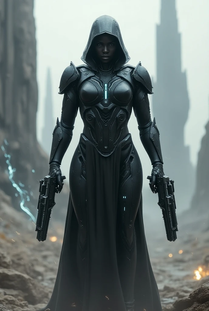 A warrior from the future world, with two guns floating behind him ...