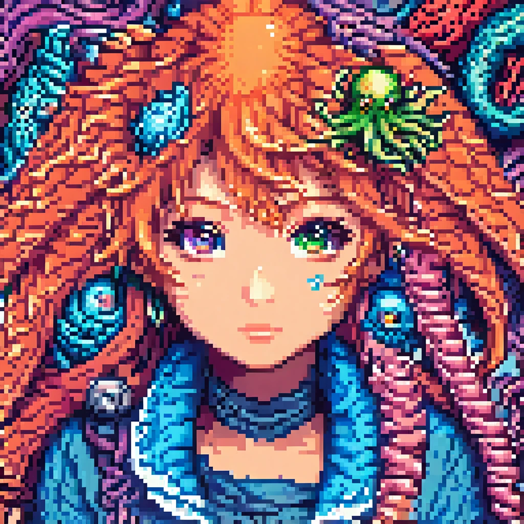 A detailed androgenous anime portrait done in kawaii final fantasy style, bright rainbow eyes and cephalopod tentacles, done in high resolution pixel art