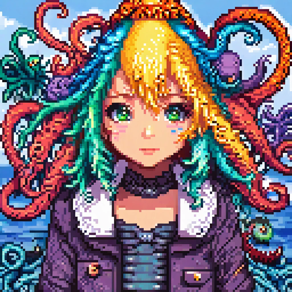 A detailed androgenous anime portrait done in kawaii final fantasy style, bright rainbow eyes and cephalopod tentacles, done in high resolution pixel art