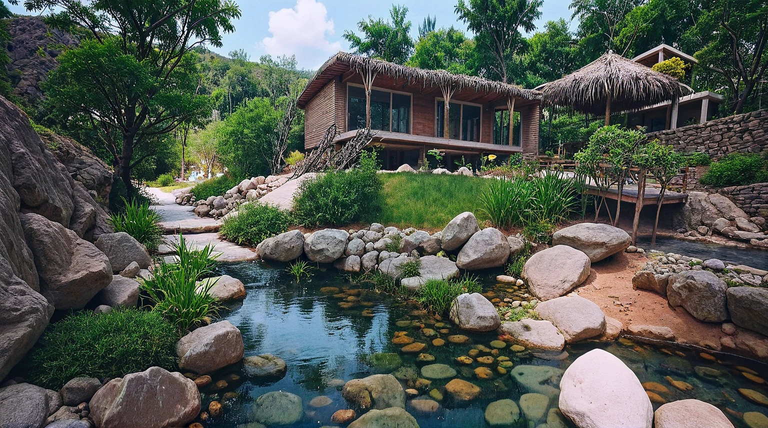 The image shows a modern, minimalistic house built on a grassy hill, surrounded by a natural landscape. The house has a flat roof and large glass windows, which reflect the surrounding scenery. In front of the house, a small stream flows gently over rocks, creating a natural pathway that leads toward the structure. Wild grasses and small purple flowers grow around the rocks, adding a touch of color to the scene. The background features a dense, green forest on a mountainside under a partly cloudy sky. The overall atmosphere is calm and serene, blending architecture with nature.