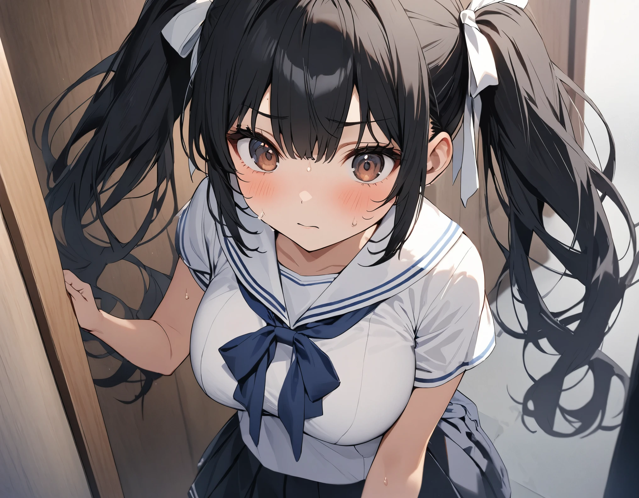  with a close-up standing figure looking down from above is a dark blue high school girl in a dark blue pleated skirt wearing black hair :1.3( twin tails:1.3)A dark blue high school girl with middle hair, brown eyes, large white ribbon breasts, and large :1.1 thick summer (White collar:1.2)Short-sleeved white summer sailor suit :1. 3 in a modern Japanese building where she is holding a Boston bag to wrinkle her eyebrows and stares impatiently, her sweat source distorts the source of anxiety A very impatient short-haired male high school student with short blond hair is standing nearby:1.3