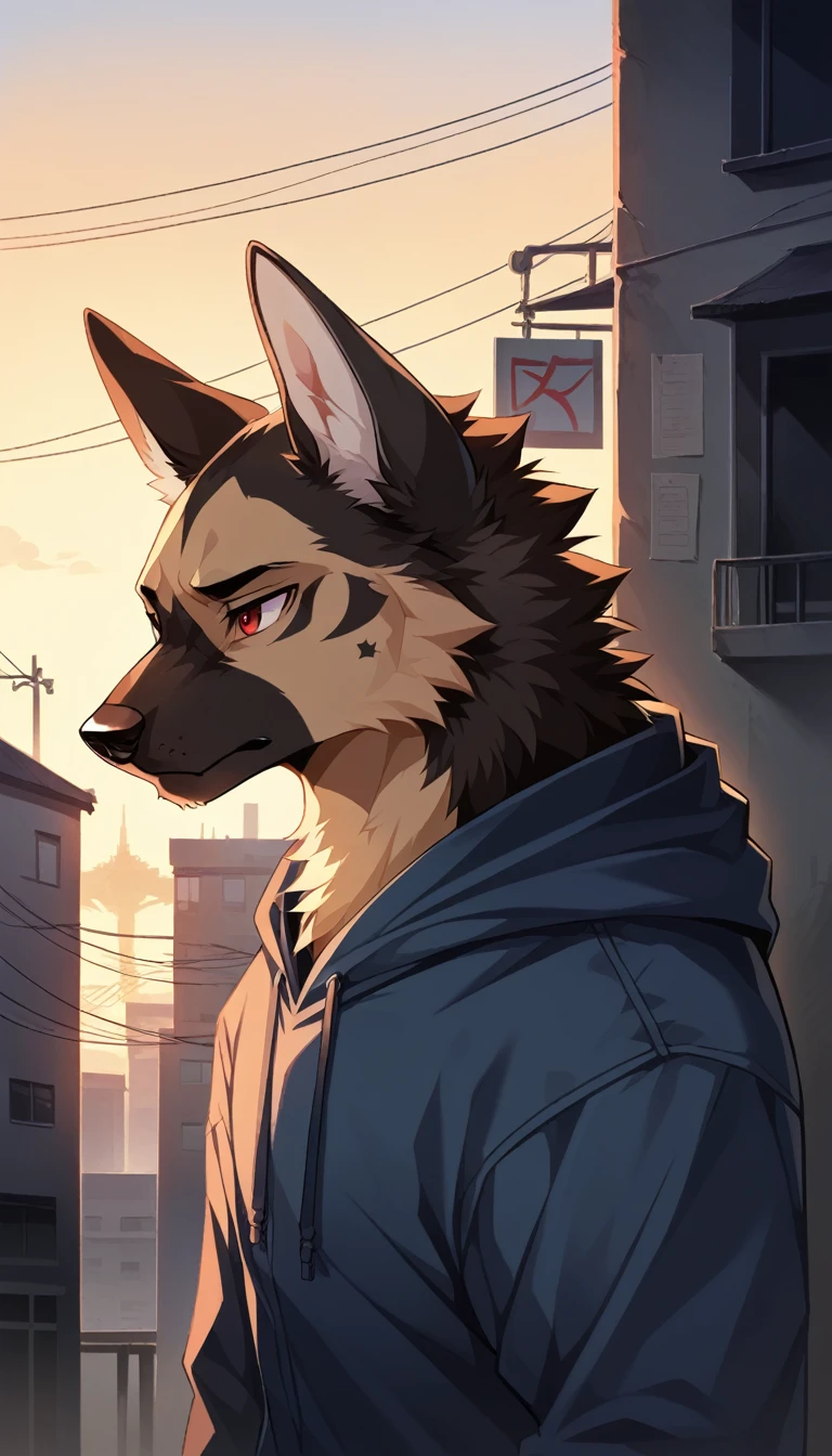 Embed:German Shepherd, male,Red Eyes, Singles,side,In the carriage,Look outside,Outside is the city,hoodie,No hood,Game CG,illustration,On the train,Sunset, unique,Melancholy atmosphere,Artistic Color Tone,Standing by the window.Highest quality scene detail,aldult,Towering,muscle，The best hands,  Best Quality Eyes ， fine fur， Delicate Eyes .Very high image quality，From sollyz,From zixiong, by milkytiger1145 