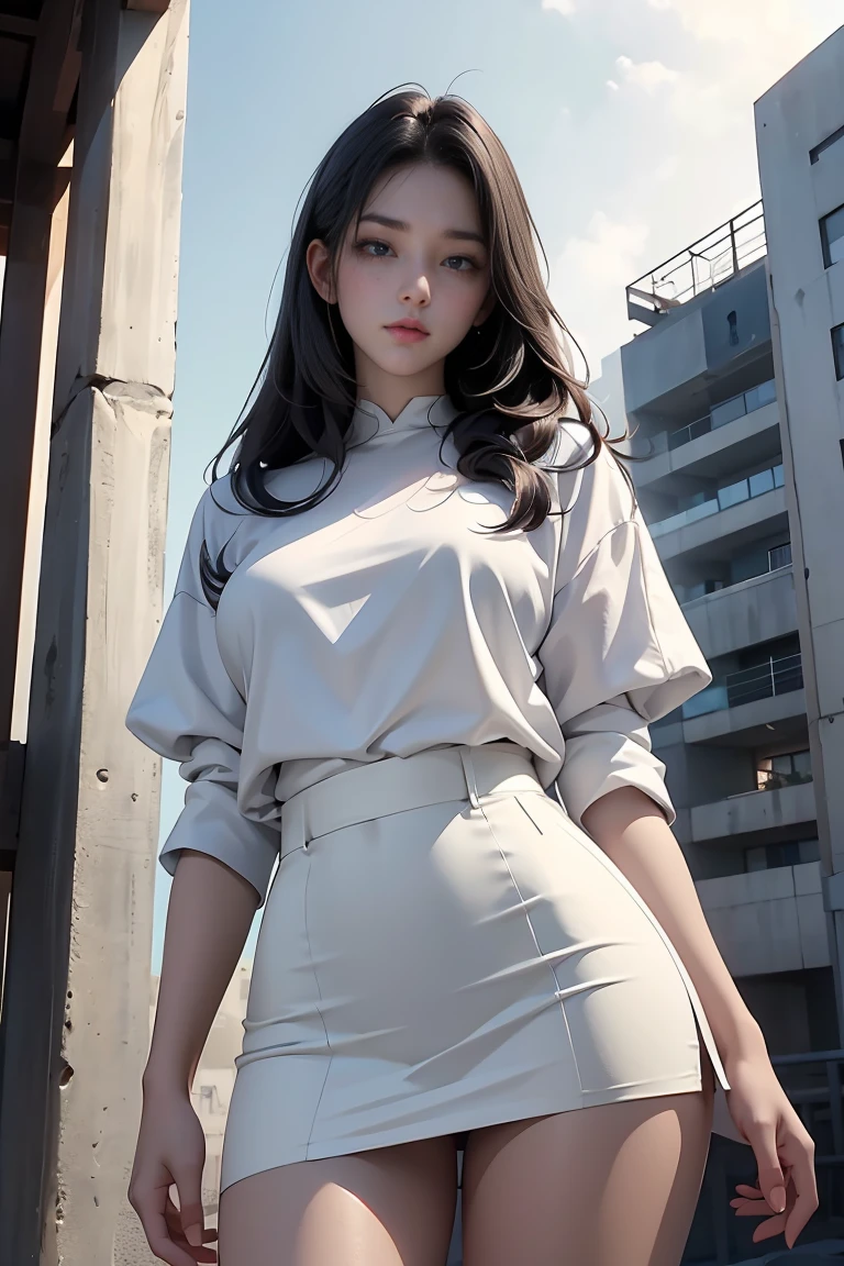 (8k, RAW Photos, Highest quality, masterpiece:1.2)、(Genuine、Realistic:1.37)、1 person、korean、Black Hair、medium Hair、(From below:1.4), (a 18years old cute pretty korean girl neeling on rooftop of the building,)、((View your audience))、(micro skirt、pencilskirt, white shirt, grey tight line miniskirt, White panties), (shiny skin:1.37), medium_breasts, looking up, looking at viewer,