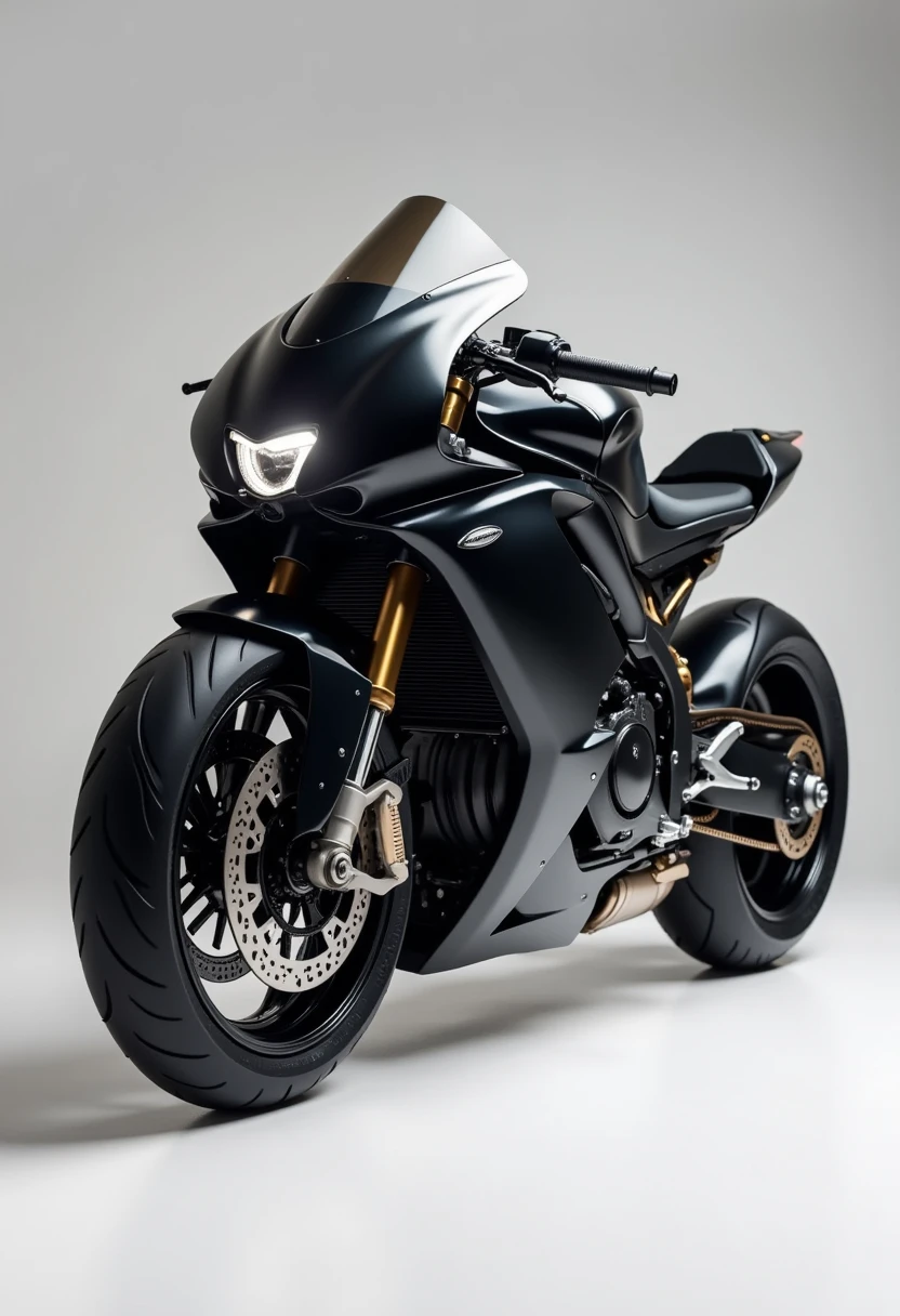 "A unique motorcycle designed to resemble a sleek black Arabian horse, matching the height and proportions of an Arabian stallion. The motorcycle’s frame and structure mimic the graceful, muscular form of the horse, with a glossy black finish. The handlebars resemble a flowing mane, while the seat and body are contoured to replicate the horse's powerful stance. Intricate patterns on the wheels enhance the equestrian theme, all set against a minimalist background. The design captures the elegance, speed, and power of a true Arabian horse."