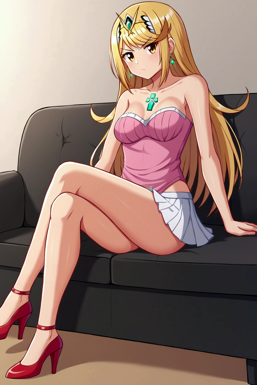 mythra,  long hair , by Ruio,  cut bob,  yellow-eyed , 1 girl, Alone,  bare shoulders , strapless, medium chest, pink shirt, Pink mini skirt, sitting on a sofa, cuerpo completo, bare legs with red heels, crossed legs,serious guy
