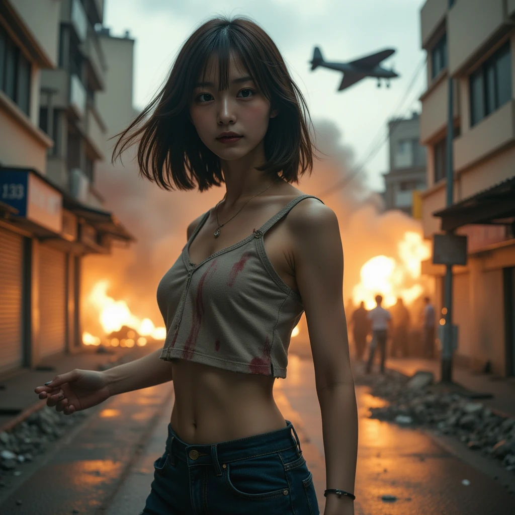  Documentary Photo , Front View, Realistic,  best quality , Perfect composition, Proper placement,  night lighting:1.331, Above the knee shot,  Japanese Woman Standing :1.331,  supermodel ,  Attacked by an enemy fighter from above, Realistic Fighter Planes,  Tokyo in Conflict ,  Where Damage Occurred ,  Exploration Light Shines on Her :1.21,   Anatomically Correct Proportions:1.331,  small head :1.331, Slender body:1.331,  Thin Waist:1.331, Thin limbs:1.331,  flat chest:1.331, Cute face,  BOB CUT HAIR:1.331,  hang your bangs long ,Expression of anxiety ,  Japanese High School Summer Sailor Suit :1.21, sera fuku:1.21, (Realistic photograph), (Torn, dirty and tattered セーラー服:1.2), Disheveled clothing, Torn cloth, ( Clothes Stained with Blood and Mud :1.2),  Pleated Mini Skirt, (Torn Skirt:1.2), Dirty Hair, Dirty Face, (( Skin Stained with Blood and Stains :1.2), Apocalyptic, explosion, Surrounded by rubble , Collapse of buildings,  The Collapse of Pillpack , Smoke drifts, Spillover, Floating steam, Burning Flames,  Amazingly Beautiful Face , A stealth bomber that flies very far,  Dynamic Angle,  Emotional and Dynamic Lighting , 