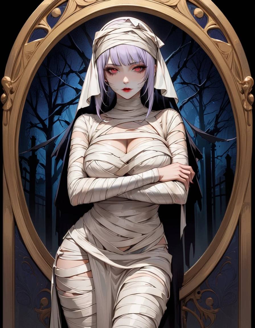 a woman in a costume with a bandage, mummy. pale young mummy girl, Creepy pose with hands in front, Large Breasts, high quality costume, costume weird creepy, full body with costume, mummified in bandages, mummy portrait, tattered gothic horror maiden, art nouveau, sinister pose, moderately fleshy body, masterpiece costume, fancy dress, tumblr, Strange and spooky backgrounds, cursed image