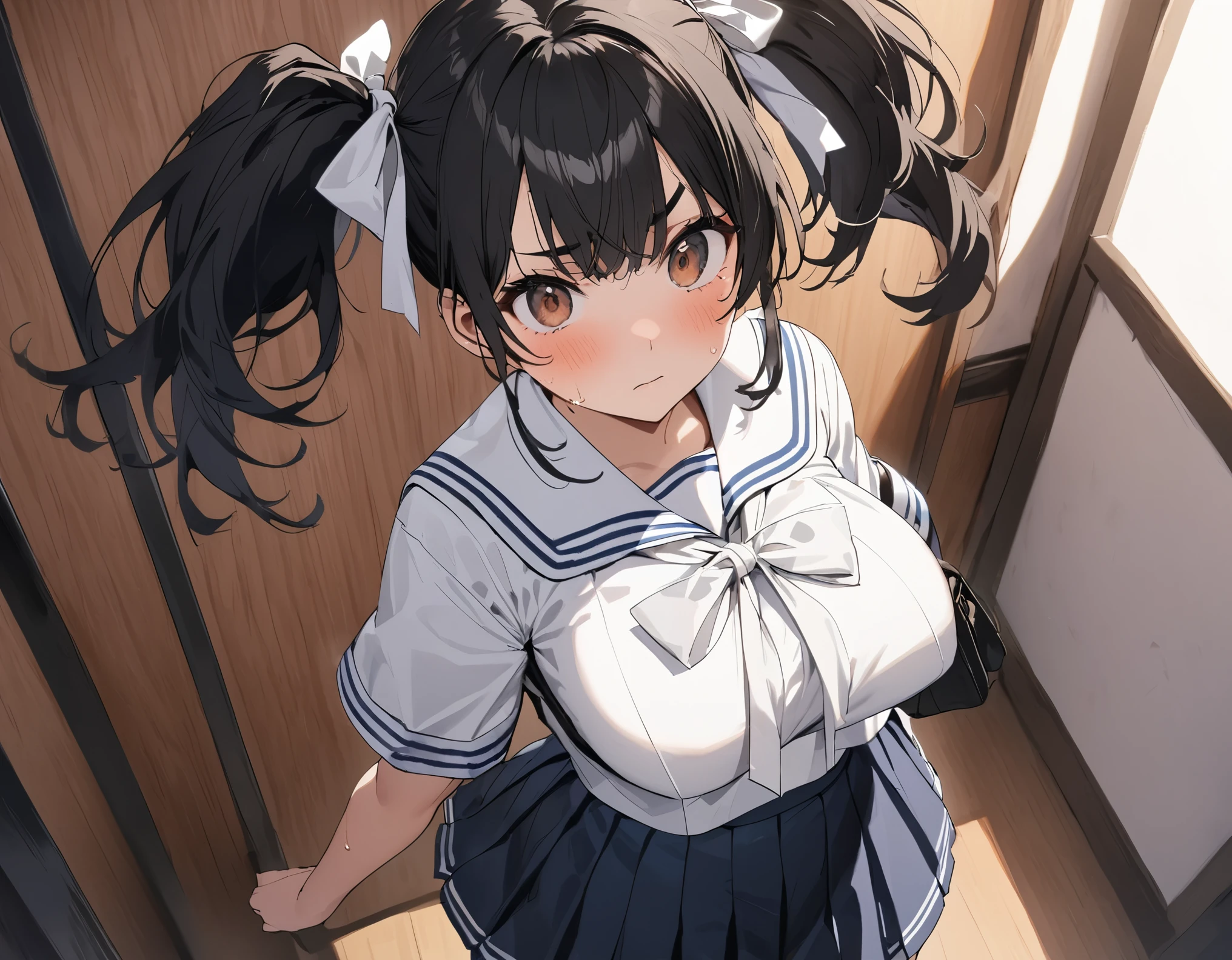 with a close-up standing figure looking down from above is a dark blue high school girl in a dark blue pleated skirt wearing black hair :1.3( twin tails:1.3)A dark blue high school girl with middle hair, brown eyes, large white ribbon breasts, and large :1.2 thick legs for summer(White collar:1.2)Short-sleeved white summer sailor suit :1. 3 in a modern Japanese building where she is holding a Boston bag to wrinkle her eyebrows and stares impatiently, her sweat source distorts the source of anxiety A very impatient short-haired male high school student with short blond hair is standing nearby:1.3