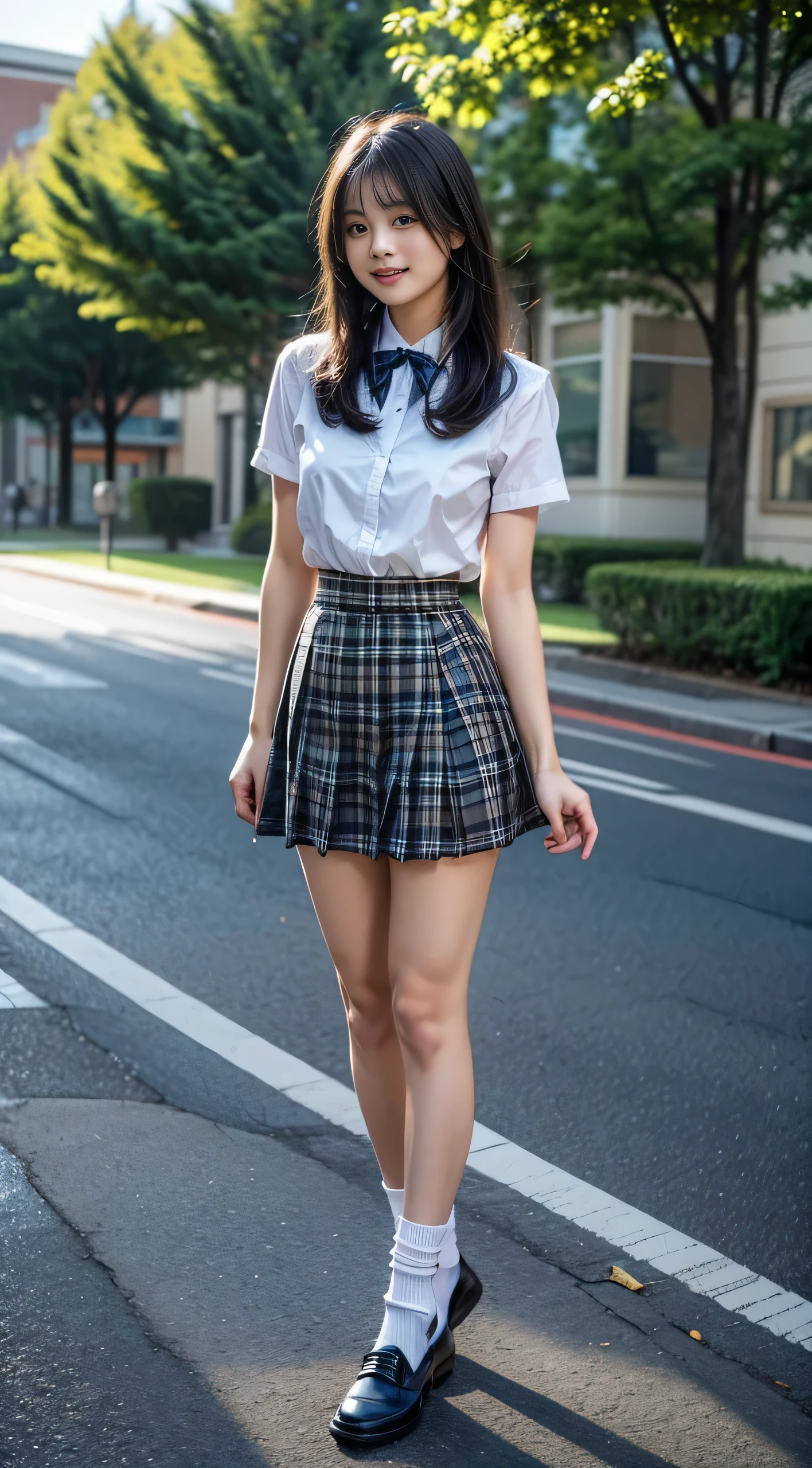 Please do a cute pose , View from below, viewer's discretion advice , 8K RAW Photos,  best quality  , masterpiece, Ultra-fine ,  film grain, movie, field, ((My hair and skirt flutter in the wind:1.5)),  one girl shaking her hips, Amazingly beautiful girl, ((Full Body:1.3)),  Standing Posture, , Natural skin texture,  realistic eye and face details , Fuller lips, lipstick, (Compensate),  red eyeshadow,  Fluffy Wavy Long Hair  , My hair is messy, Laughter, Close your mouth, Feet, Tall Woman, skin, slim_feet, alone, Large Breasts ,I'm looking for someone in town ,height:163cm , Shooting from below,  high school uniform , High school girl uniform,  white shirt ,  red ribbon, Brown blazer, short brown plaid pleated skirt that is just about the butt,  loafers, Navy blue socks, field, smile,
