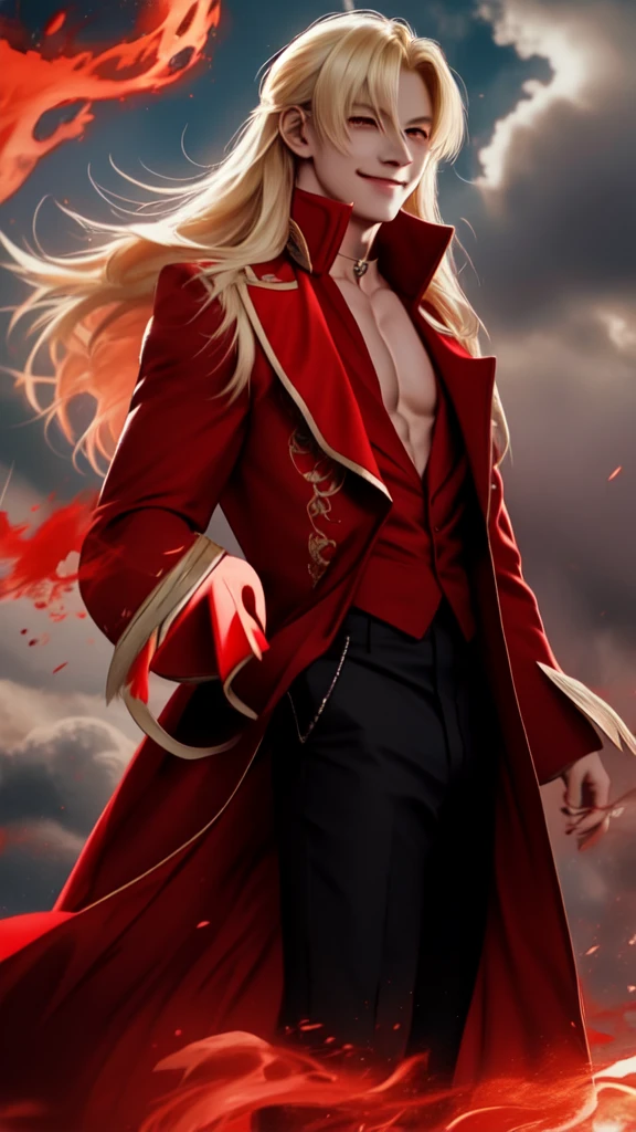 1boy, (), (long hair:0.65), blonde hair, hime cut, long sleeves, red coat, pectoral cleavage, male focus, black pants, male focus, red eyes, ring, smile, swirl of fire, aura, magic, sparks, magic astral outdoor, highlight, cloud sky, (wide shot:1.2)