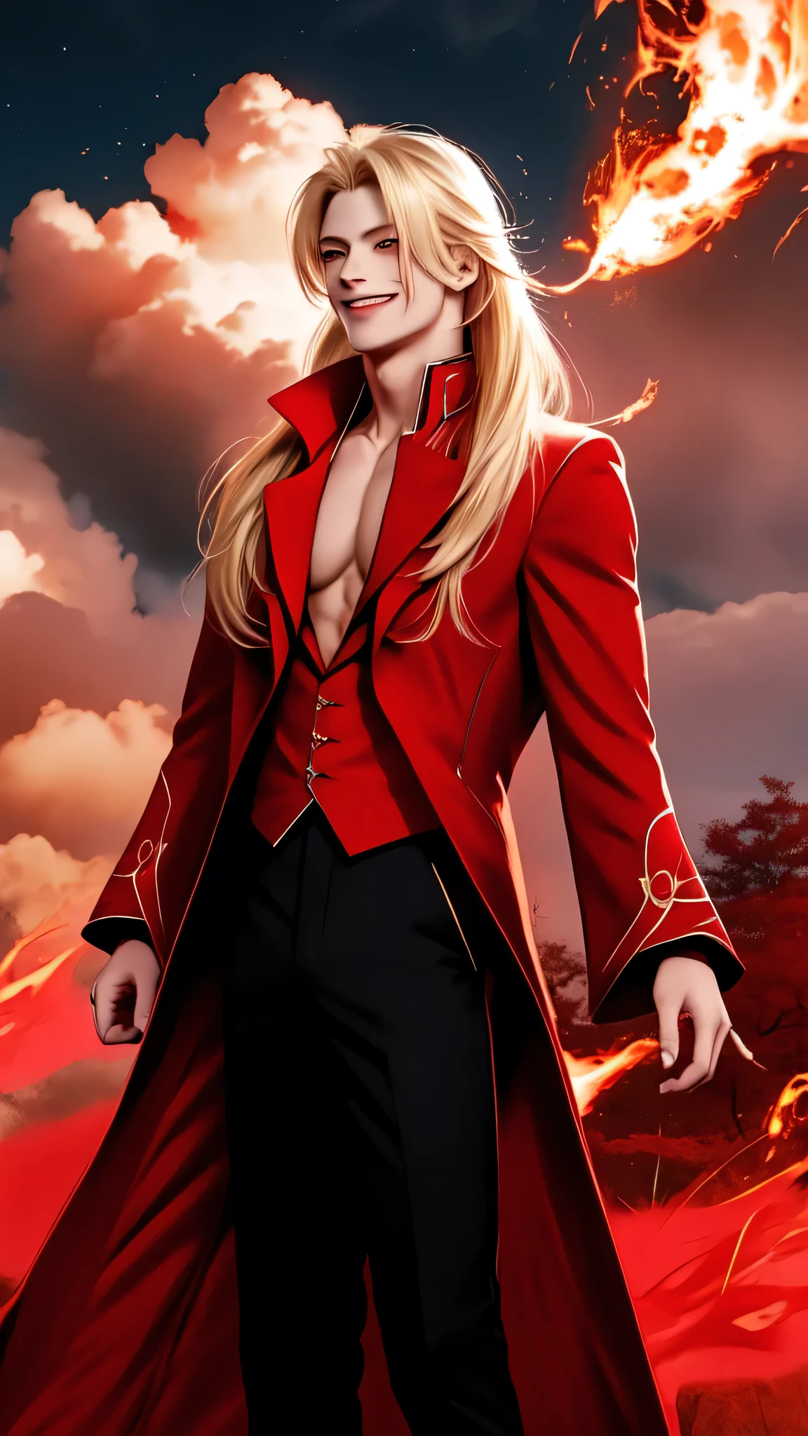 1boy, (), (long hair:0.65), blonde hair, hime cut, long sleeves, red coat, pectoral cleavage, male focus, black pants, male focus, red eyes, ring, smile, swirl of fire, aura, magic, sparks, magic astral outdoor, highlight, cloud sky, (wide shot:1.2)