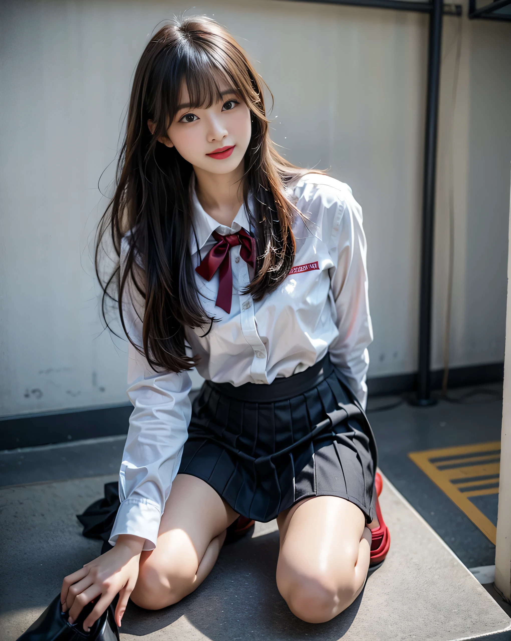 (8K), (Best Quality: 1.2), (Realistic), (Photorealistic: 1.37), Ultra High Definition, 1 Girl, Cute, Smile, Closed Mouth, Beautiful Details, Beautiful Nose, Full Body, Wet Hair, Colossal Dalsefo, Pork, School Uniform, Thighs