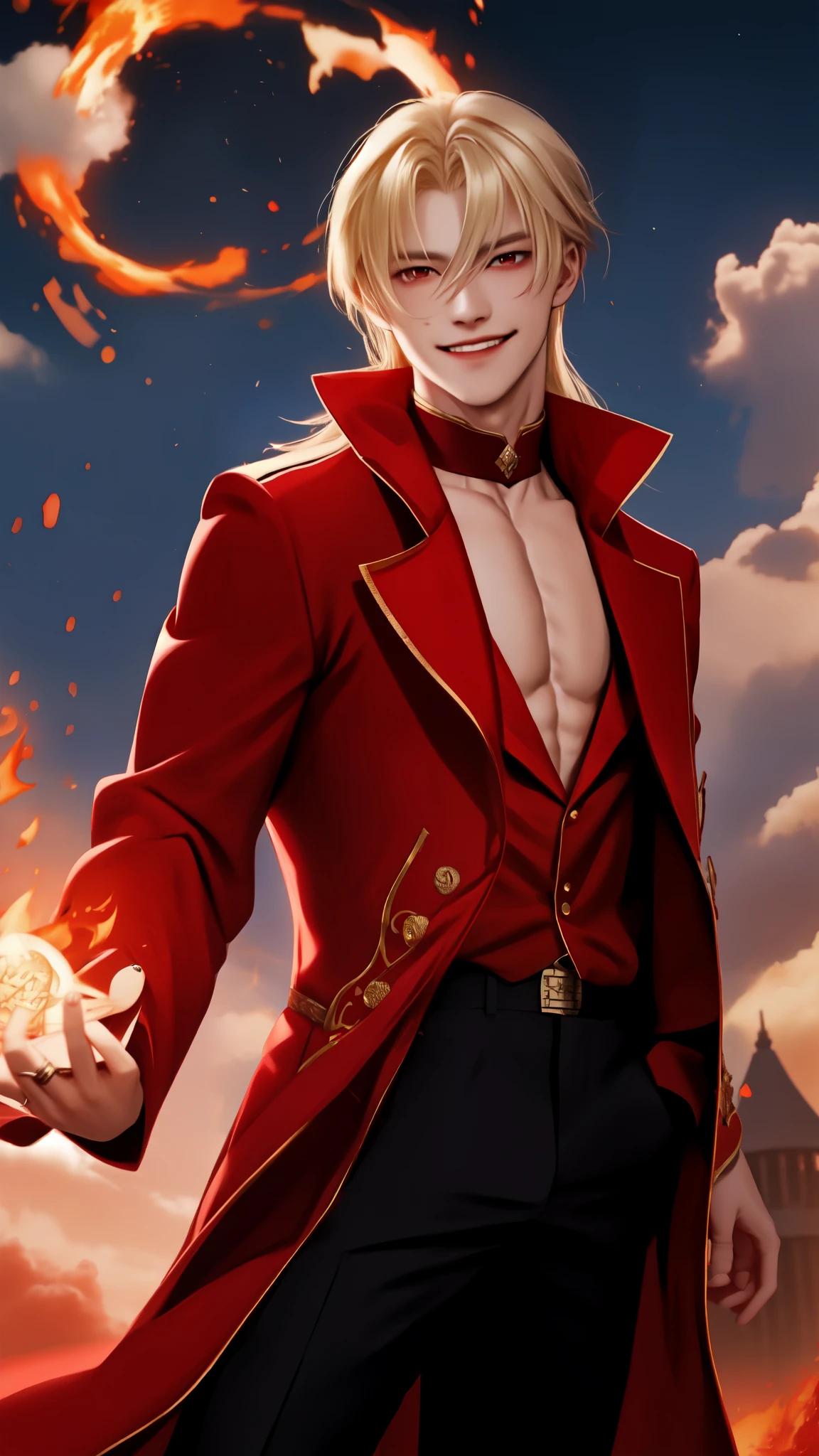 1boy, (), (long hair:0.65), blonde hair, hime cut, long sleeves, red coat, pectoral cleavage, male focus, black pants, male focus, red eyes, ring, smile, swirl of fire, aura, magic, sparks, magic astral outdoor, highlight, cloud sky, (wide shot:1.2)