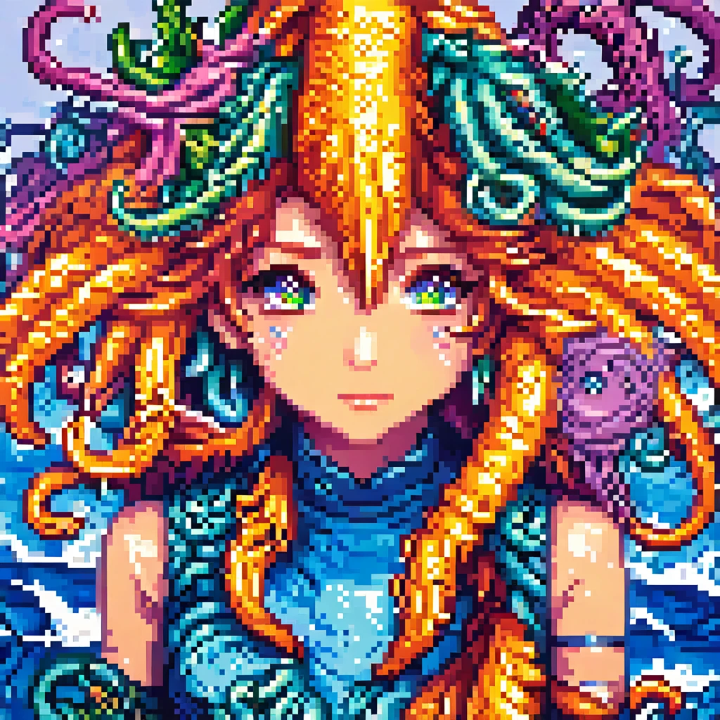 A detailed androgenous anime portrait done in kawaii final fantasy style, bright rainbow eyes and cephalopod tentacles, done in high resolution pixel art