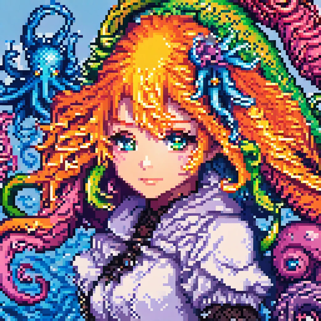 A detailed androgenous anime portrait done in kawaii final fantasy style, bright rainbow eyes and cephalopod tentacles, done in high resolution pixel art