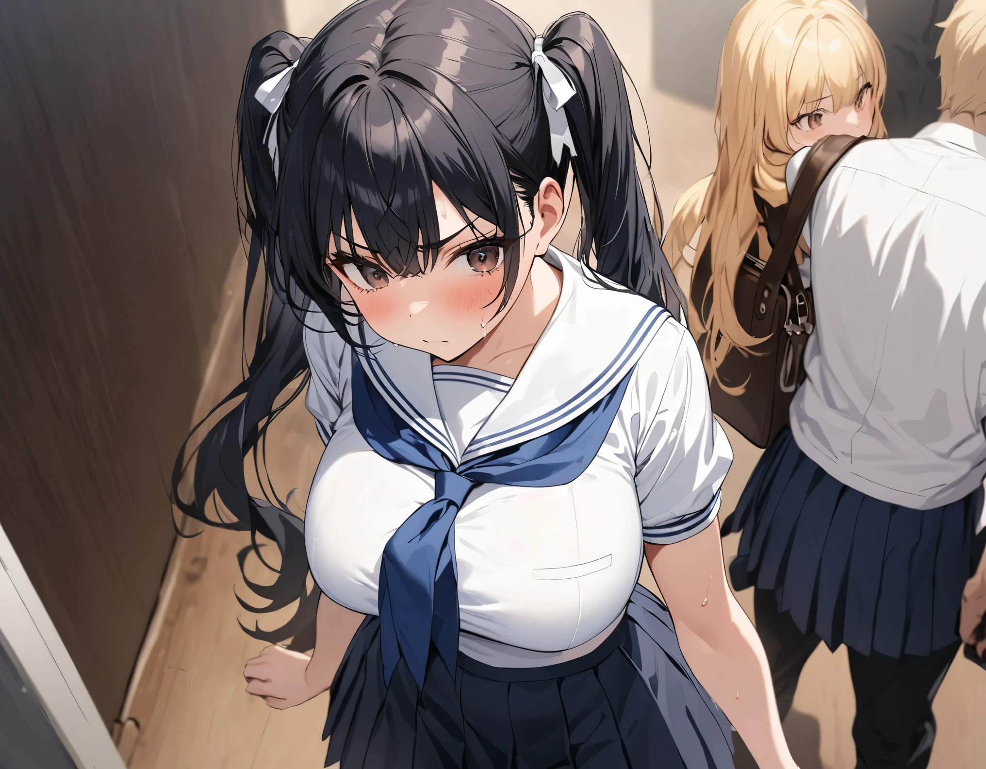 with a close-up standing figure looking down from above is a dark blue high school girl in a dark blue pleated skirt wearing black hair :1.3( twin tails:1.3)A dark blue high school girl with middle hair, brown eyes, large white ribbon breasts, and large :1.2 thick legs for summer(White collar:1.2)Short-sleeved white summer sailor suit :1.Navy blue wearing 3 :1. high school girl in a dark blue pleated skirt she holds a Boston bag and wrinkles her eyebrows and stares impatiently, her sweat source distorts an anxious expression A male high school student with short blond hair who is very impatient is standing angry nearby:1.3