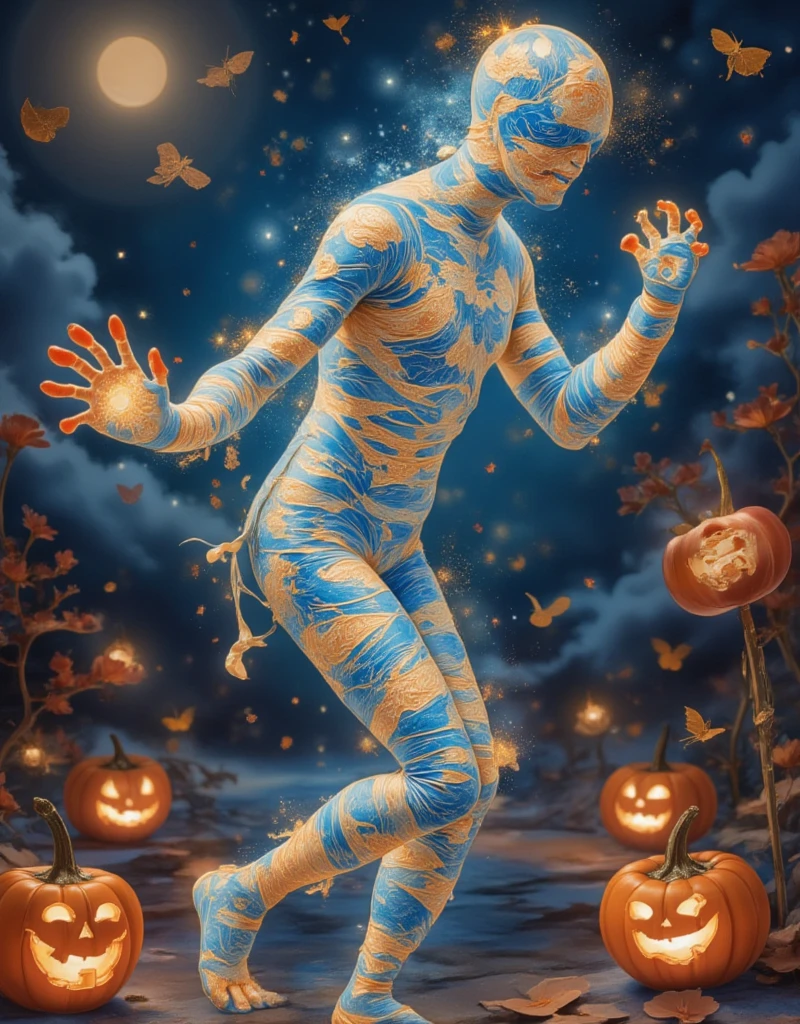 In this glitch art style second-element picture, a mummy glowing all over dances under the Halloween night sky. His skin is covered with luminous tattoos that change with his movements, forming dynamic patterns. Around him are a group of pumpkin lanterns with eerie glowing eyes. In the distance, a group of children in Halloween costumes are playing, their laughter intertwining with the glow of the pumpkin lanterns, creating an atmosphere that is both eerie and warm.
