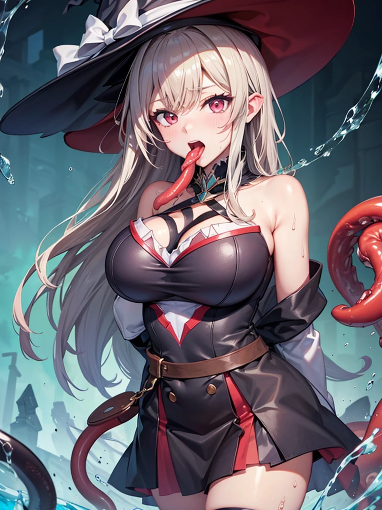 (   Details),   High image quality  ,4K,witch, no .,Big Breasts,One Woman,(    wearing a hat    ), ボロボロの服を着てるwitch,(    my clothes are dissolved in the liquid of my tentacles  ),(全身液体で濡れてるwitch),(  multiple tentacles are entangled    ),(   my tentacles are entangled in my mouth and chest   ),Dungeons,Ruins,sweat,(頬を赤くするwitch),(   excited expression   ),(  Please stain me with my tentacles   ),(眼にハートを浮かべて触手に喜ぶwitch),(   liquid is flowing out of my tentacles   ),Low Angle, fellatio,Light-colored hair