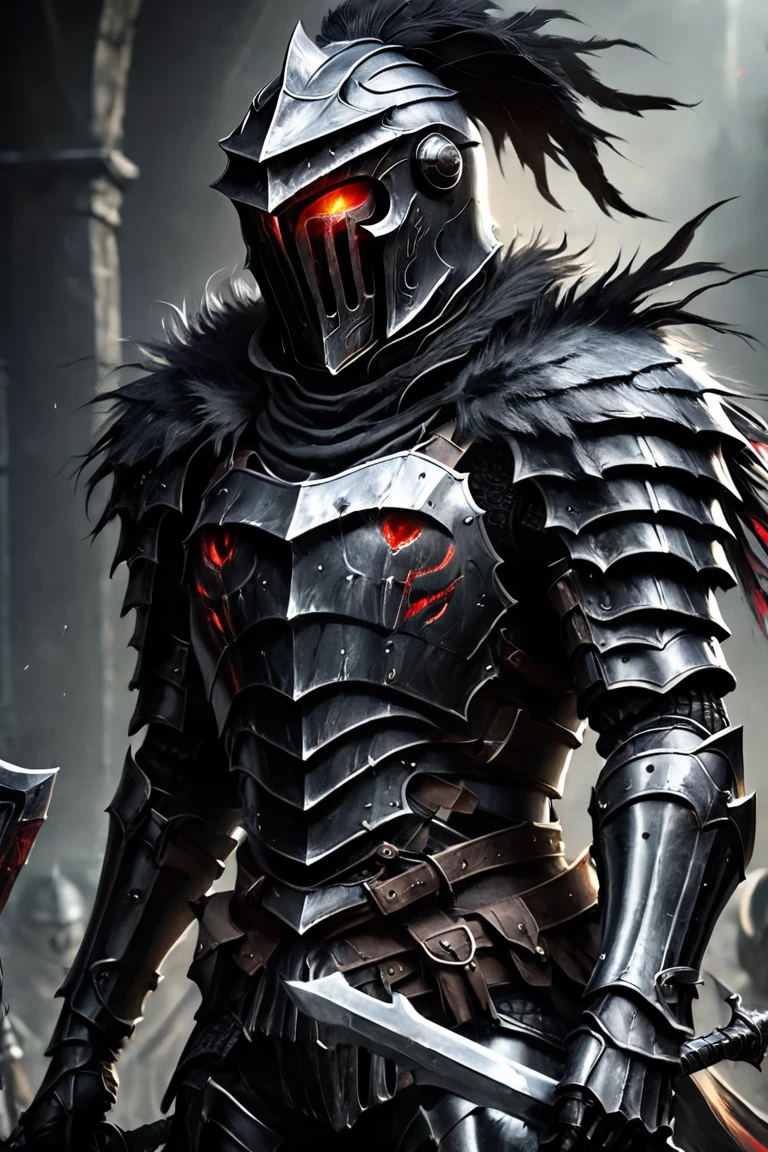  armored characters holding swords and shields,  Light Black Armor ,  and smooth lacquered black metal armor ,  wearing smooth black armor , 狂战士骷髅骑士黑甲, Full body plate , Shiny Plate Armor ,  Knight in Plate Armor ,  Black Plated Armor ,  Dark Souls Armor Concept ,  scary full body heavy armor, Covered with full metal armor, Knight in armor, Wearing armor,  Red Glowing Eyes ,Fur collar, feather,Black cape , riding dark Skeleton Horses , Closeup with Skeleton Soldiers 
