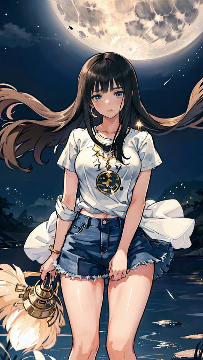  beautiful anime-style scene of a young woman standing under a shining full moon , Soft ,  Aethereal Light . She has been a long time,  Flowing black hair with brown and gold hues ,  gently swaying wind over the night sky . her calmness,  Her gentle expression staring into the distance captures that moment.  The background depicts a clear night sky strewn with stars , And a big ,  Moon that shines prominently behind her .  Distant planets with rings are visible near the Moon ,  Adding an element of fantasy to the scene .  She wears loose casual clothes ,  A bright shirt and fitted jeans ,  stands gracefully against a peaceful background , A dreamlike night.
