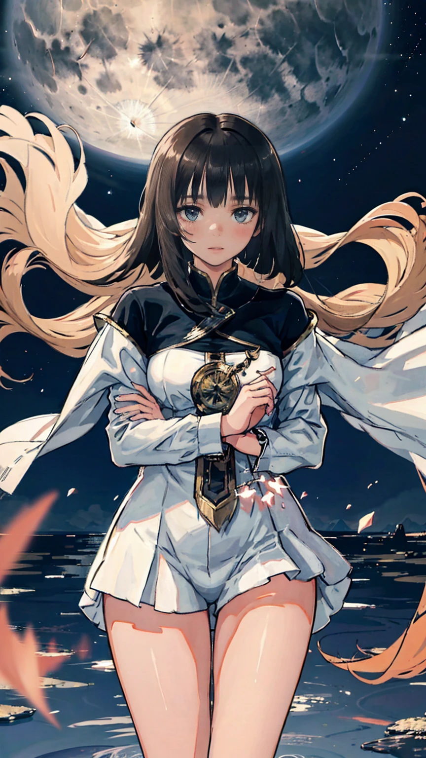  beautiful anime-style scene of a young woman standing under a shining full moon , Soft ,  Aethereal Light . She has been a long time,  Flowing black hair with brown and gold hues ,  gently swaying wind over the night sky . her calmness,  Her gentle expression staring into the distance captures that moment.  The background depicts a clear night sky strewn with stars , And a big ,  Moon that shines prominently behind her .  Distant planets with rings are visible near the Moon ,  Adding an element of fantasy to the scene .  She wears loose casual clothes ,  A bright shirt and fitted jeans ,  stands gracefully against a peaceful background , A dreamlike night.
