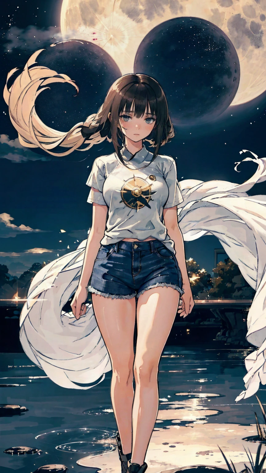  beautiful anime-style scene of a young woman standing under a shining full moon , Soft ,  Aethereal Light . She has been a long time,  Flowing black hair with brown and gold hues ,  gently swaying wind over the night sky . her calmness,  Her gentle expression staring into the distance captures that moment.  The background depicts a clear night sky strewn with stars , And a big ,  Moon that shines prominently behind her .  Distant planets with rings are visible near the Moon ,  Adding an element of fantasy to the scene .  She wears loose casual clothes ,  A bright shirt and fitted jeans ,  stands gracefully against a peaceful background , A dreamlike night.
