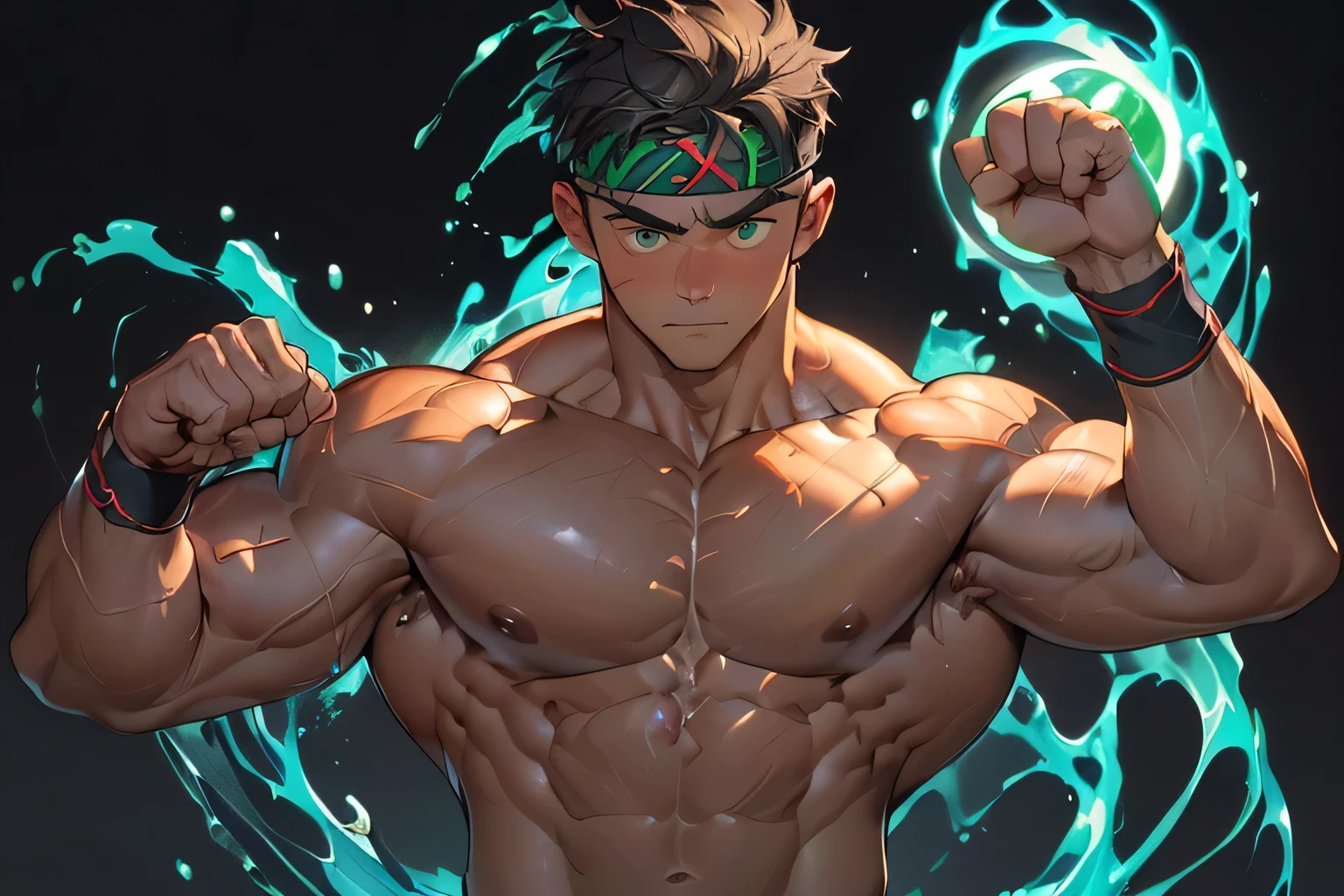 ((masterpiece, best quality, stalwart, perfect anatomy, (Depth of field:1.2))), (((((black background, deep night, upper body))))), (worm eyes, Young boy, muscler, Shirtless, topless), ((((1boy, solo, flesh, tough, reliable, developed body)))), (Dark Short straight hair, green eyes, ((almost completely shaved hair)), under cut), (((red headband, black wristband))), Vivid colors, ((big breast:1.5, big abs:1.5, big shoulder:1.2, muscular body, sturdy body, defined round and fleshy pecs:1.5, defined round and fleshy ABS:1.5, defined round and fleshy armsmuscular:1.2, well-defined muscles, toned body:1.2, shouldermuscler:1.2)), muscler!, muscler body, detailed face, detailed muscle, (((rippling muscles, Flowing energy, wearing energy waves, and wind to emphasize the power of his magic. Highlight his aura, blue and green aura effect, energy stream, holding lighting ball, expressionless, combat, random fighting stance, random fighting pose)))