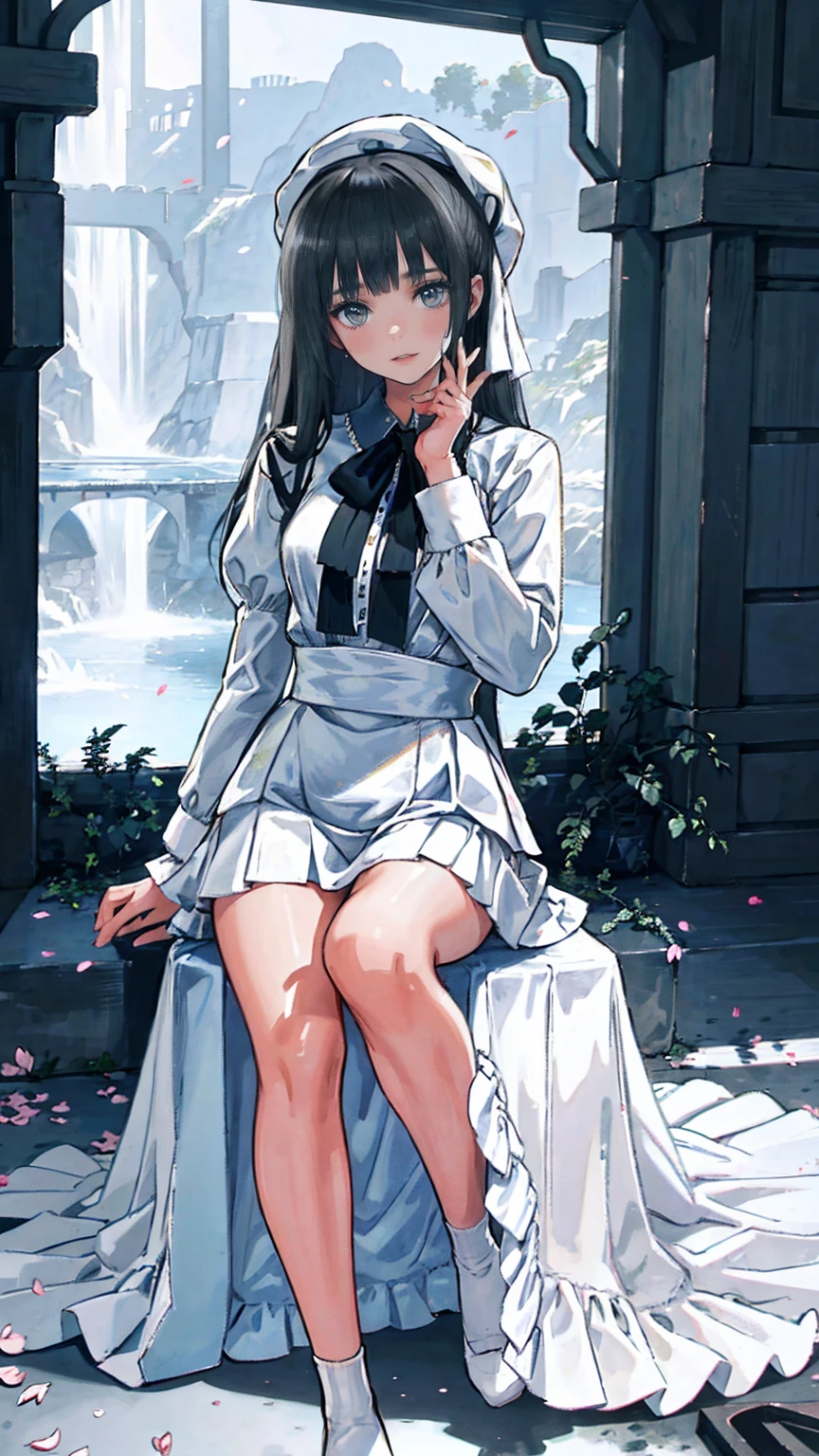 (masterpiece:1.2),(4K), high quality,  Super High Definition,(  perfect anatomy),( 1 girl), It's a person  ,Silver long hair,  Beautiful Delicate Blue Eyes  , Faces smiling indoors  , Viewers,Long Sleeve Petal Collar Blouse  , White Newsboy Cap ,Tiered skirt,Unfairly Beautiful,Dreamy and romantic, Fantastic and Dreamy Theme ,  Mysterious Atmosphere  ,  Enchanting Dreams  ,  beautiful scenery  , Add dramatic and iconic elements to your scene,Near the waterfall
