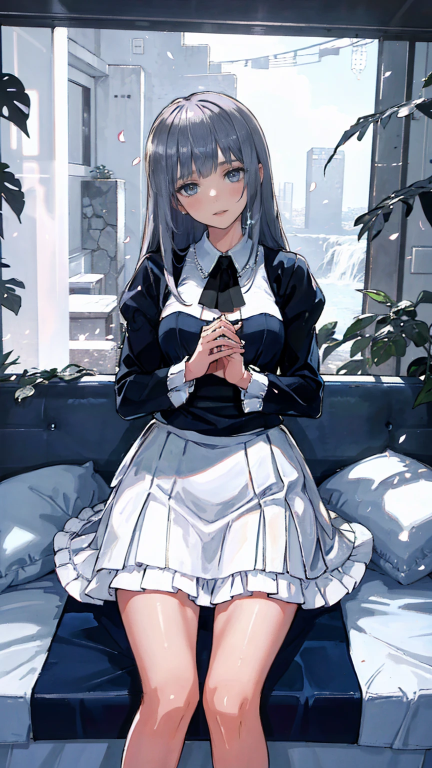 (masterpiece:1.2),(4K), high quality,  Super High Definition,(  perfect anatomy),( 1 girl), It's a person  ,Silver long hair,  Beautiful Delicate Blue Eyes  , Faces smiling indoors  , Viewers,Long Sleeve Petal Collar Blouse  , White Newsboy Cap ,Tiered skirt,Unfairly Beautiful,Dreamy and romantic, Fantastic and Dreamy Theme ,  Mysterious Atmosphere  ,  Enchanting Dreams  ,  beautiful scenery  , Add dramatic and iconic elements to your scene,Near the waterfall
