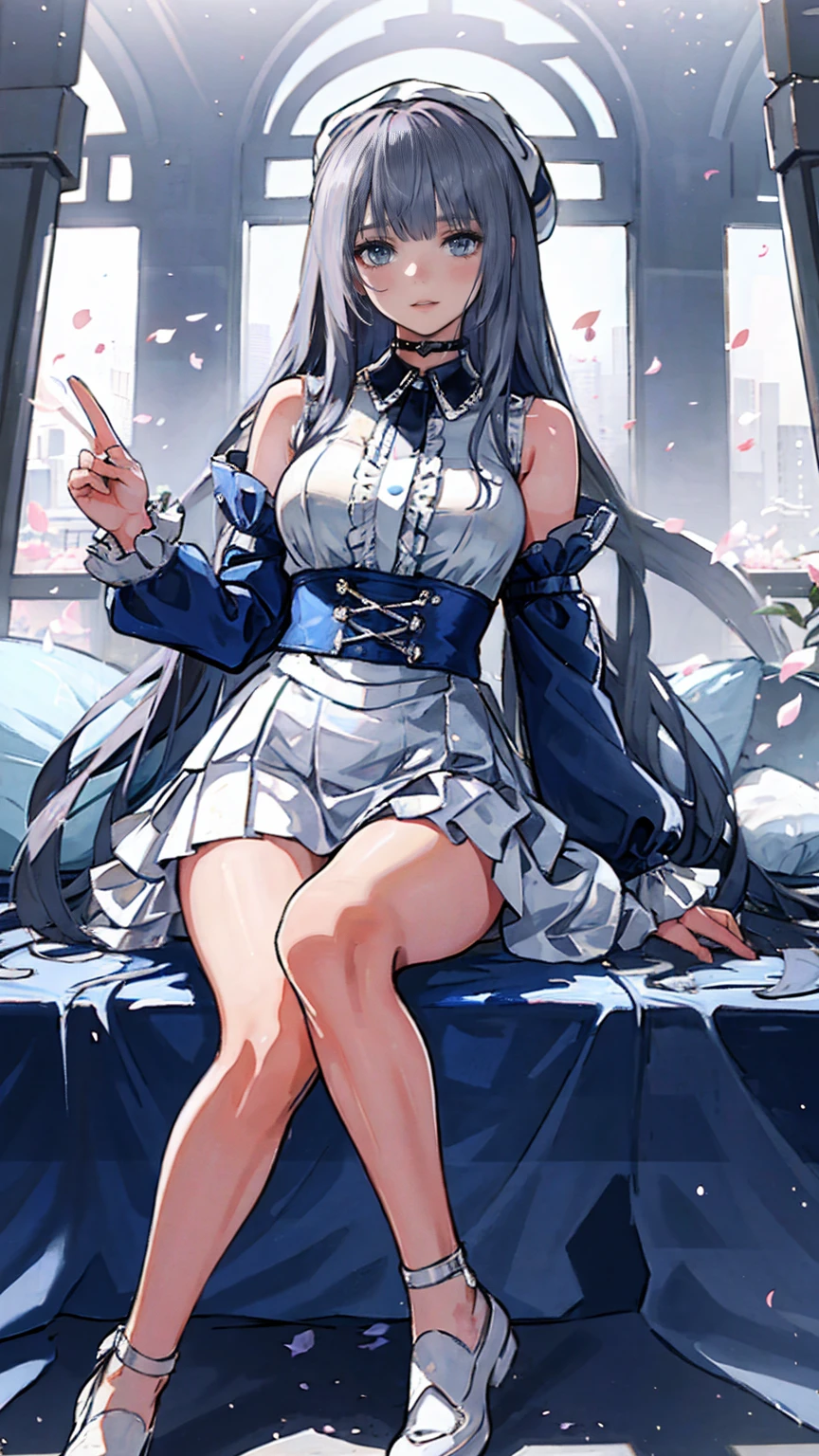 (masterpiece:1.2),(4K), high quality,  Super High Definition,(  perfect anatomy),( 1 girl), It's a person  ,Silver long hair,  Beautiful Delicate Blue Eyes  , Faces smiling indoors  , Viewers,Long Sleeve Petal Collar Blouse  , White Newsboy Cap ,Tiered skirt,Unfairly Beautiful,Dreamy and romantic, Fantastic and Dreamy Theme ,  Mysterious Atmosphere  ,  Enchanting Dreams  ,  beautiful scenery  , Add dramatic and iconic elements to your scene,Near the waterfall
