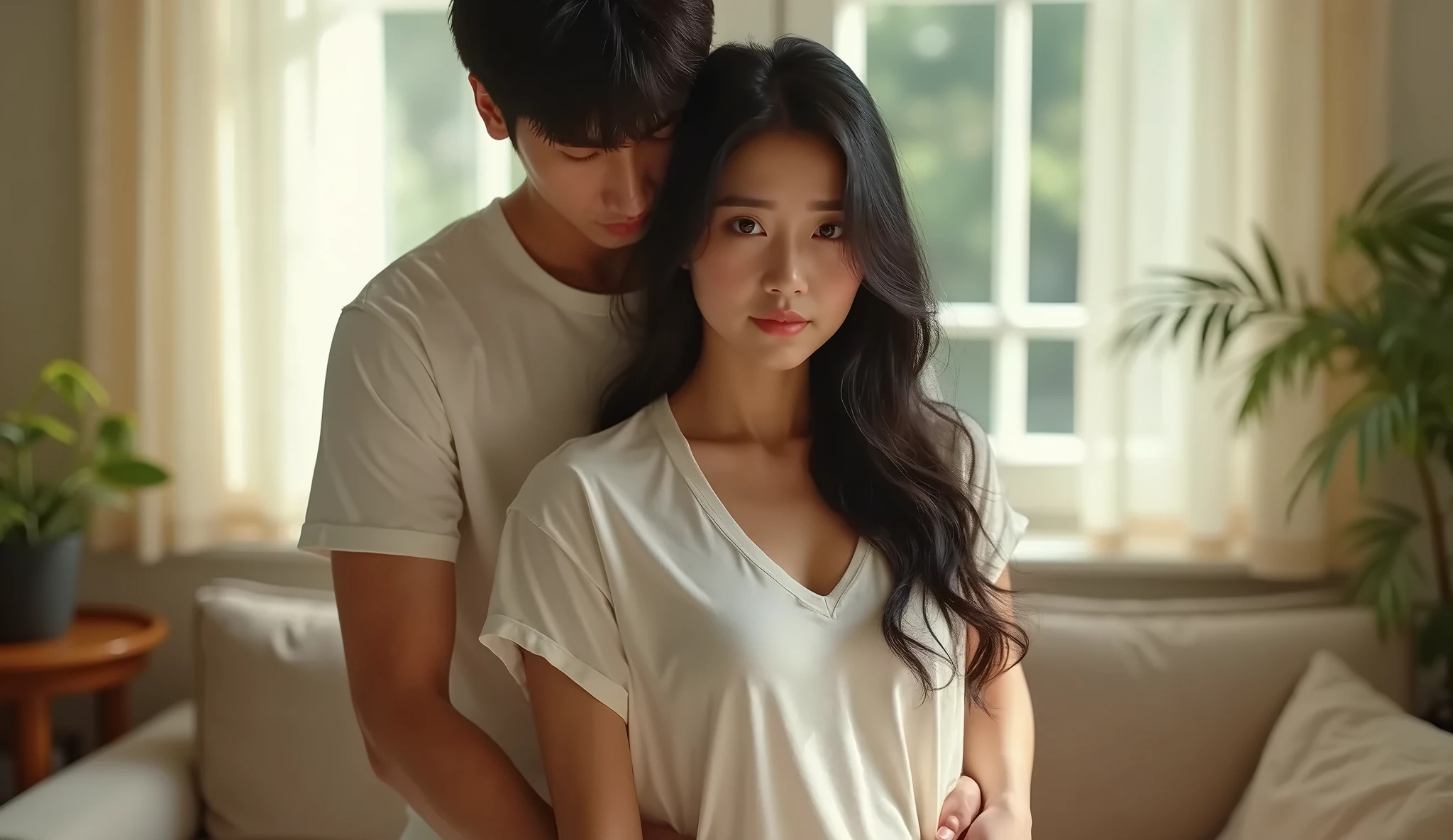 masterpiece,highest quality,Advanced Details,1 male,1 female,((Hotel Bedroom:1.4))、((Japanese woman with layered hair:1.4)),((A woman wearing a white short-sleeved off-the-shoulder cotton shirt and a denim miniskirt:1.4)),Japanese middle-aged 1 male,Black Haired Man,That man is very handsome,((A man hugs a woman and touches her breasts:1.4)),That woman is short,the man is tall,Reflects the height difference between men and women,The woman is 160cm tall.,the man&is 175cm tall,Man hugging woman from behind,((They're both standing in an empty room.:1.5))、Women play a leading role、Women are skinny,Small breasted women、