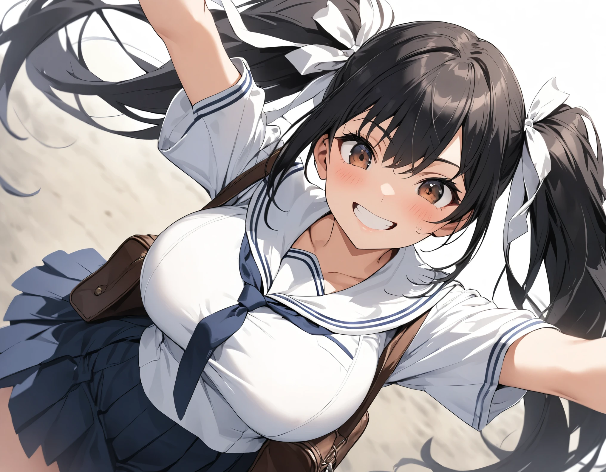 A close-up standing figure with a perspective expression looking down from above is a high school girl with black hair, twin tails :A high school girl with middle hair, brown eyes, big white ribbon, big breasts, thick legs, white collar, short sleeve, white summer sailor suit wearing a dark blue tie, dark blue pleated skirt, she is holding a Boston bag and has a big smile on her face