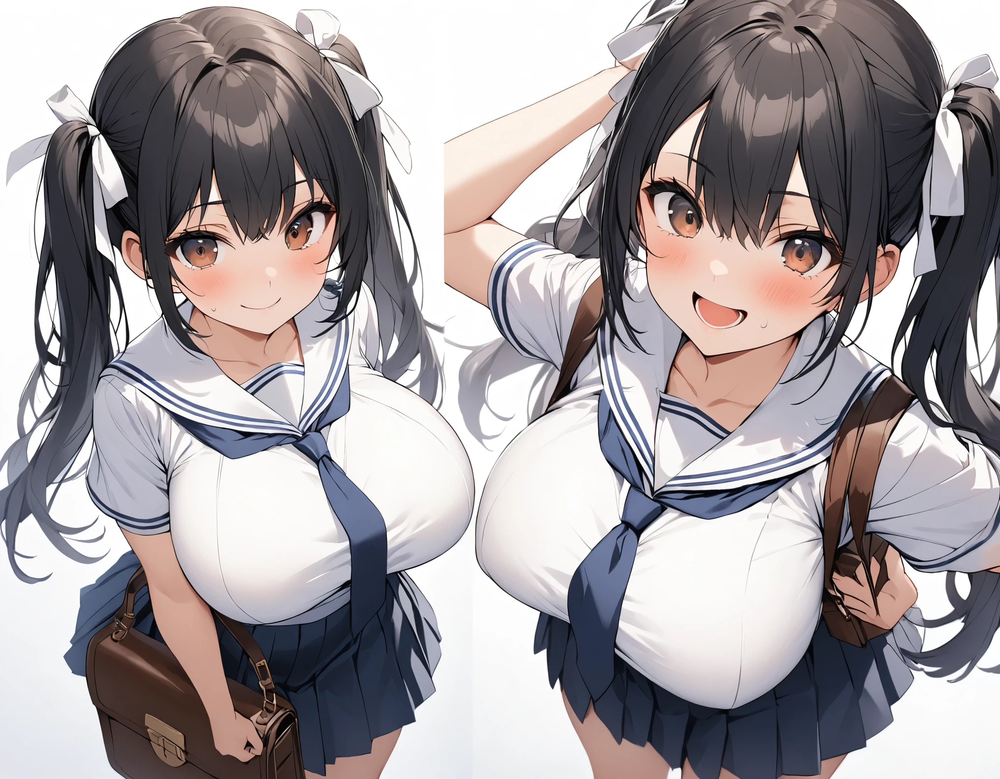 A close-up standing figure with a perspective expression looking down from above is a high school girl with black hair, twin tails :A high school girl with middle hair, brown eyes, big white ribbon, big breasts, thick legs, white collar, short sleeve, white summer sailor suit wearing a dark blue tie, dark blue pleated skirt, she is holding a Boston bag and has a big smile on her face