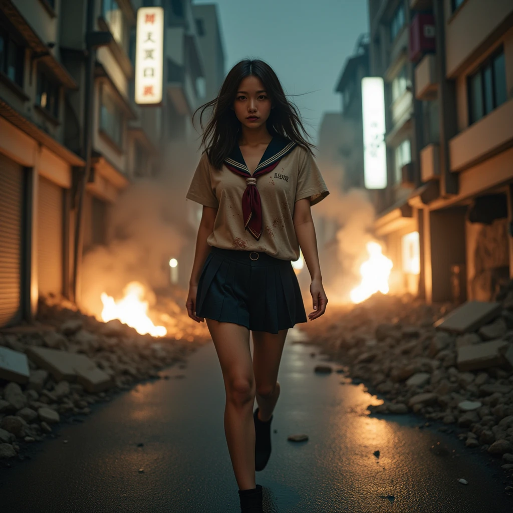  Documentary Photo ,  Dramatic Scene, Front View, Realistic,  best quality , Perfect composition, Proper placement, night lighting:1.331, Above the knee shot,  Japanese Woman Standing :1.331,  supermodel ,  Attacked by an enemy fighter from above, Tokyo in conflict ,  Where Damage Occurred ,  Exploration Light Shines on Her :1.21,  Anatomically Correct Proportions:1.331,  small head :1.331, Slender body:1.331,  Thin Waist:1.331, Thin limbs:1.331,  flat chest:1.331,  wavy hair :1.331,  hair fluttering in the wind, Expression of anxiety ,  Japanese High School Summer Sailor Suit :1.331, sera fuku:1.21,  navy blue pleated miniskirt:1.331, (Realistic photograph), (Torn, dirty and tattered セーラー服:1.2), ( Clothes Stained with Blood and Mud :1.2), Dirty Hair, Dirty Face, Dirty Skin:1.2), Apocalyptic, Explosions are occurring , Surrounded by rubble , Collapse of buildings,  The Collapse of Pillpack , Smoke drifts, Spillover, Floating steam, Burning Flames,  Amazingly Beautiful Face , A stealth bomber that flies very far,  Dynamic Angle,  Emotional and Dynamic Lighting ,