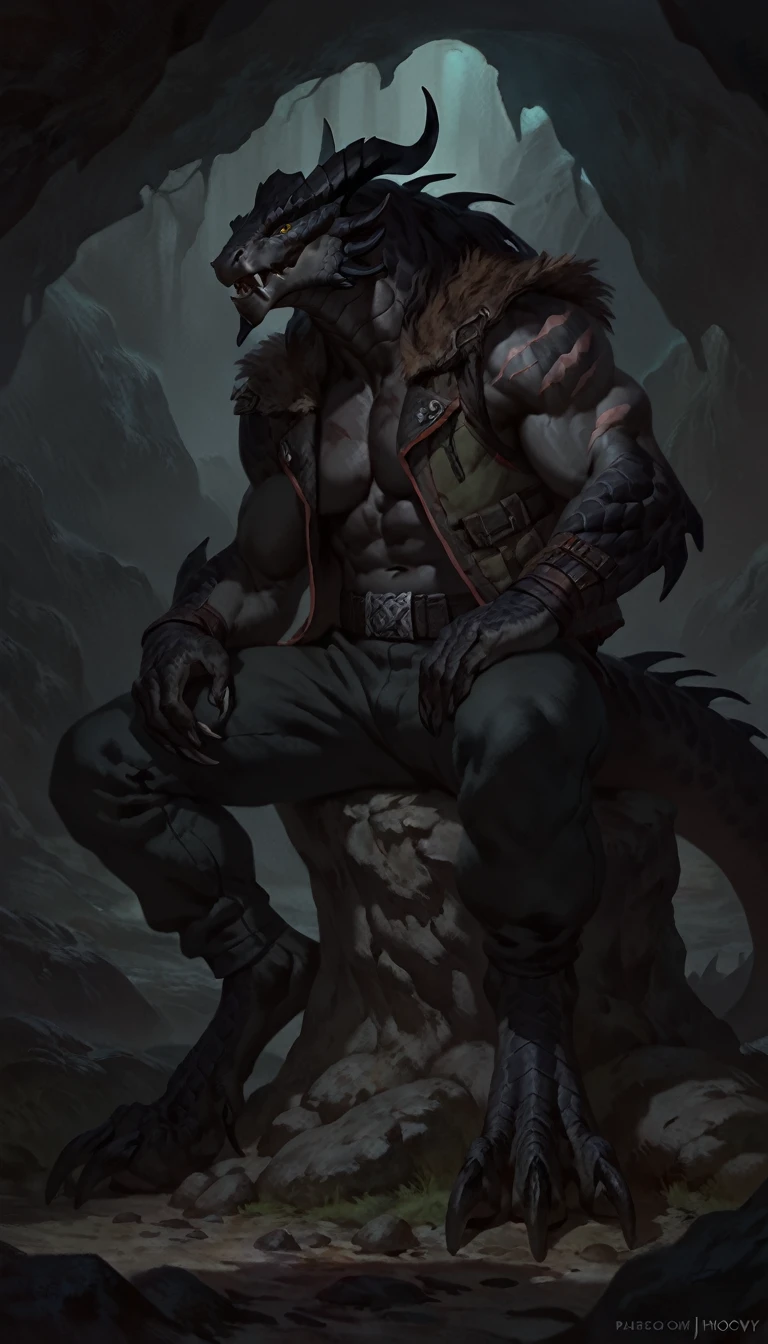 solo, lizard like dragonborn, black dragonborn, sitting, anthro dragon, scaly, dragonic, monster, mercenary, open mouth, black scaly body, matte body, toned, muscular anthro, big muscles, big horns, wearing vest and pants, detailed scales, scars on body, 1male solo, anthro, muscular, thick neck, thick tail, marked jaw, comicbook style, cave background, darkness, horror, best quality, 4k, ultra-detailed, by laobai, by taran fiddler, by honovy, by null-ghost, by thebigslick