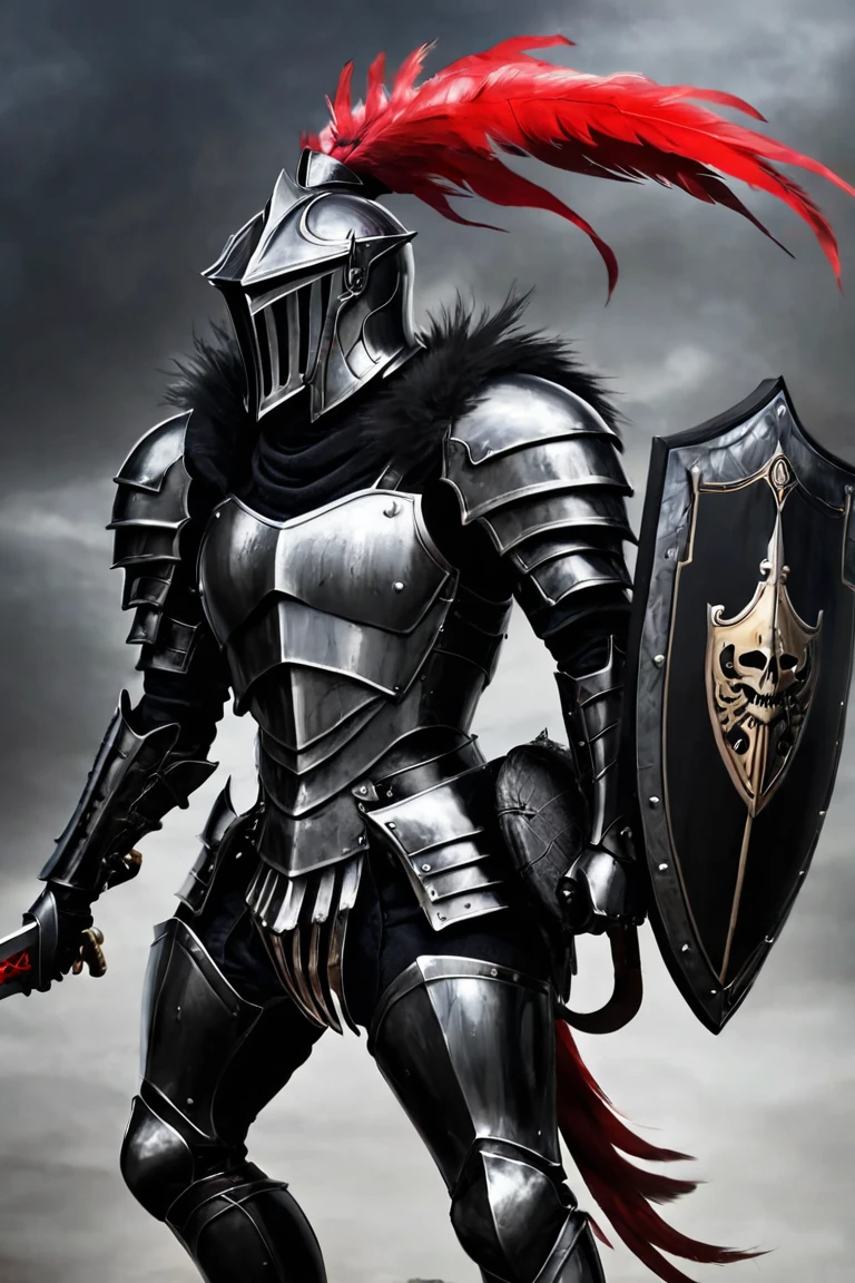  armored character holding a sword and shield riding a horse,  Light Black Armor ,  and smooth lacquered black metal armor ,  wearing smooth black armor , 狂战士骷髅骑士黑甲, Full body plate , Shiny Plate Armor ,  Knight in Plate Armor ,  Black Plated Armor ,  Dark Souls Armor Concept ,  scary full body heavy armor, Covered with full metal armor, Knight in armor, Wearing armor,  Red Glowing Eyes ,Fur collar, feather,Black cape ,Close up of a dark knight pony , Closeup with Skeleton Soldiers 
