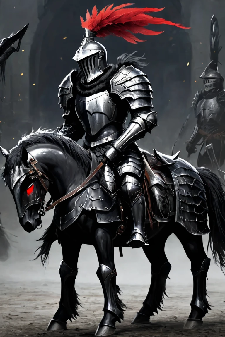  armored character holding a sword and shield riding a horse,  Light Black Armor ,  and smooth lacquered black metal armor ,  wearing smooth black armor , 狂战士骷髅骑士黑甲, Full body plate , Shiny Plate Armor ,  Knight in Plate Armor ,  Black Plated Armor ,  Dark Souls Armor Concept ,  scary full body heavy armor, Covered with full metal armor, Knight in armor, Wearing armor,  Red Glowing Eyes ,Fur collar, feather,Black cape ,Close up of a dark knight pony , Closeup with Skeleton Soldiers 
