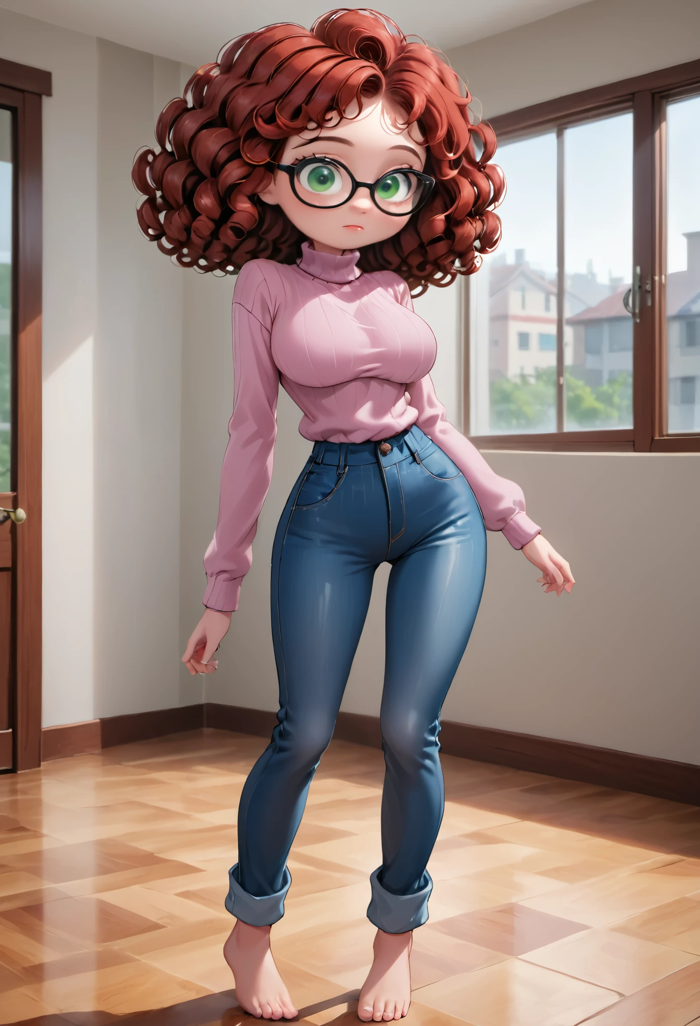 Young girl, young, full body, (solo 0.6), red curly hair, shoulder length hair, green eyes, slender body, thin waist, big breasts, indoors, black glasses, pink turtleneck sweater, denim jeans, looking out window, storming outside, (disney pixar style 0.7)